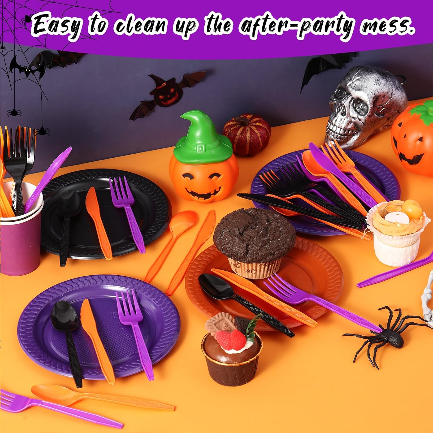 Hoolerry Juego de 600 cubiertos de plástico para Halloween, tenedores, cucharas y cuchillos, incluye 200 tenedores, 200 cucharas y 200 cuchillos