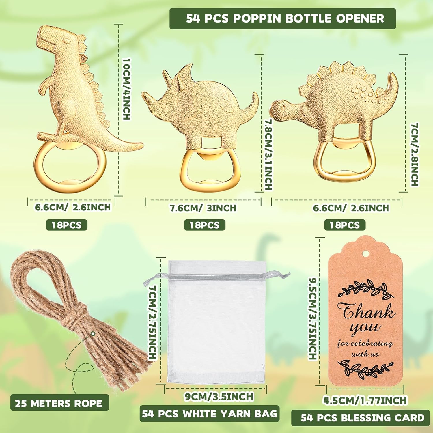 54 piezas de abrebotellas de dinosaurio, regalos de devolución de baby shower para invitados, abridor de botellas y recuerdos con bolsas de organza,