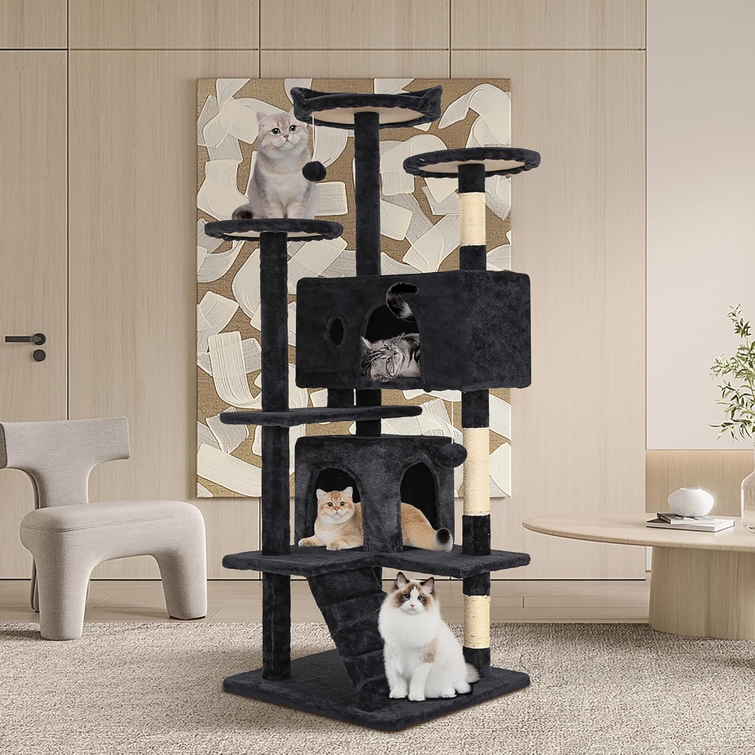 247 Shop at Home Court – Torre de árbol para gatos de interior de 54 pulgadas, varios niveles con postes rascadores para gatos, casa de pie para