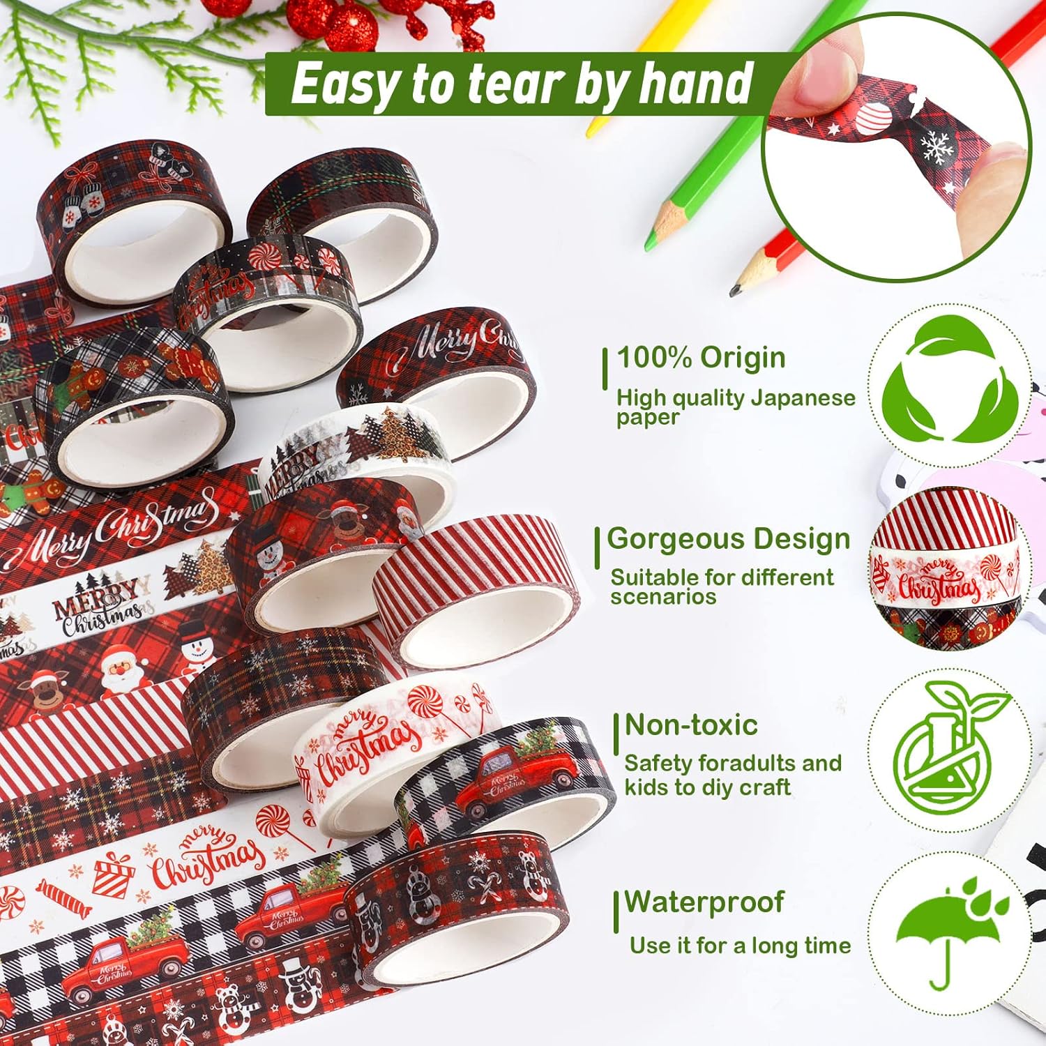 Juego de 12 rollos de cinta Washi a cuadros de Navidad, cinta decorativa de colores, cinta adhesiva de papel de Navidad, cinta adhesiva de papel de
