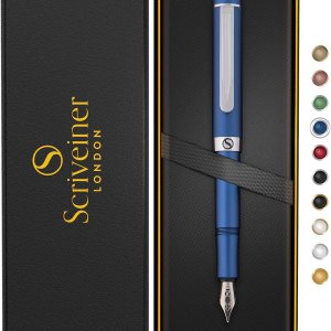 Scriveiner Pluma estilográfica EDC de lujo (fina), impresionante bolígrafo de bolsillo azul mate, acabado cromado, punta alemana Schmidt, Scriveiner Pluma estilográfica EDC de lujo (fina), impresionante bolígrafo de bolsillo azul mate, acabado cromado, punta alemana Schmidt,