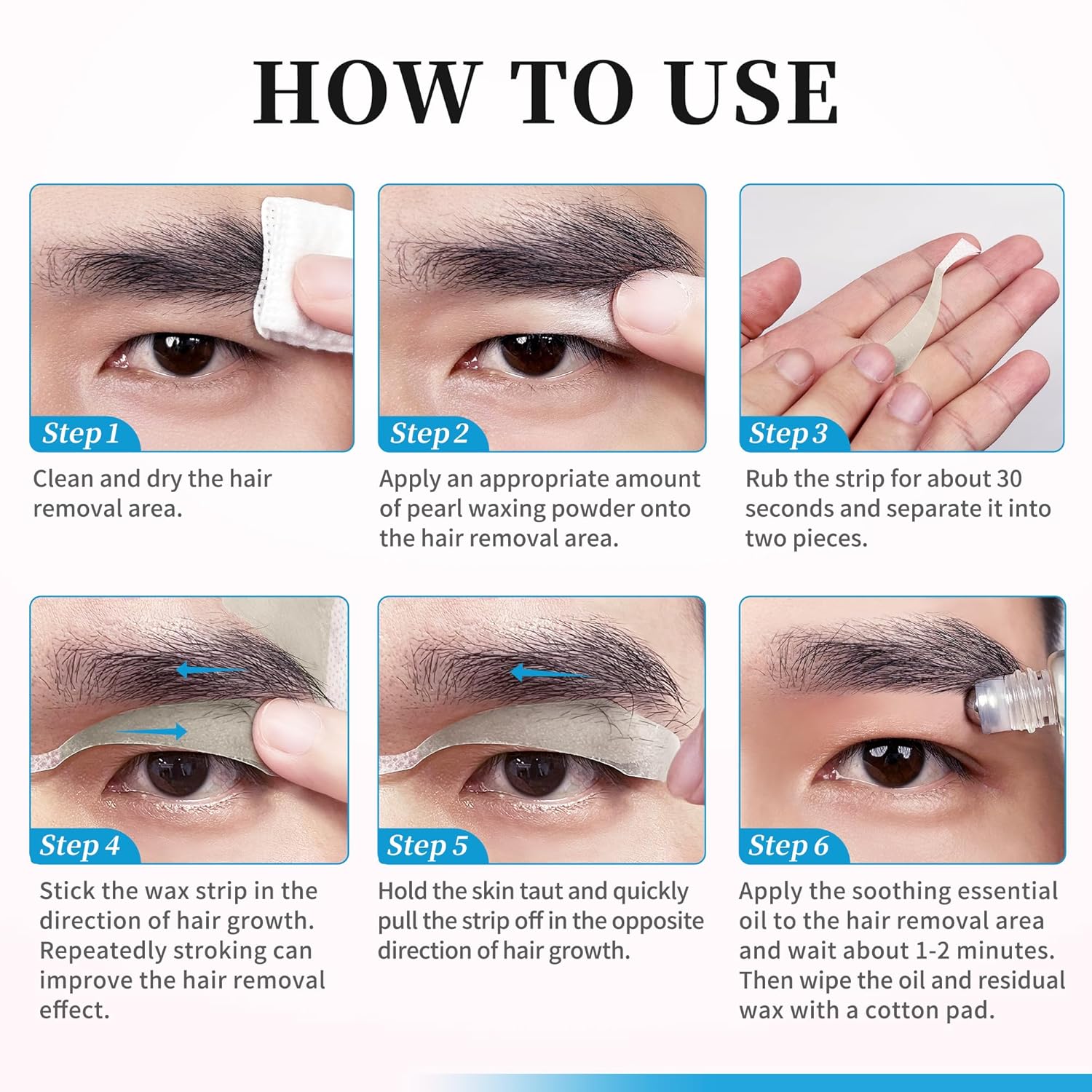Beauty7 Tiras de cera de cejas para hombre, tiras de cera facial, tiras de depilación en casa, 24 piezas con aceite esencial de polvo de perlas para
