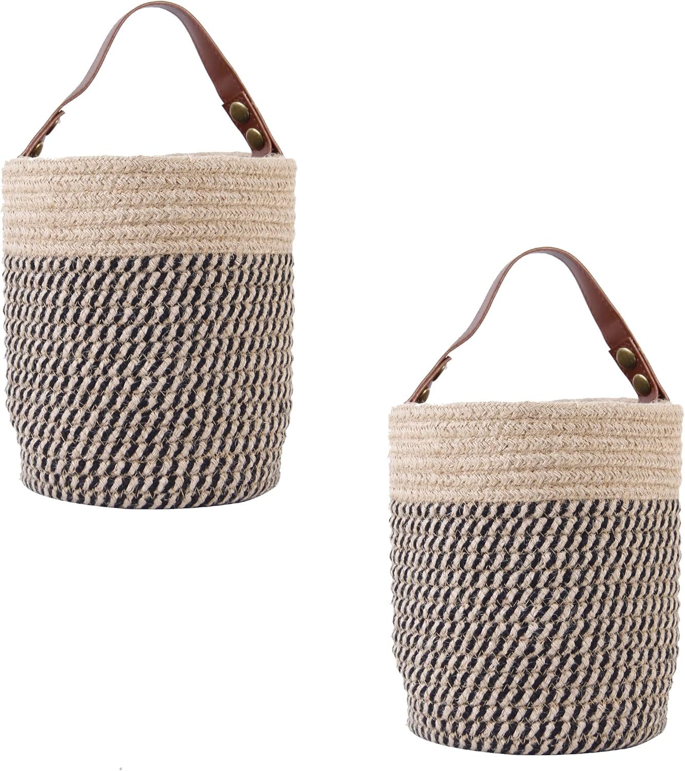 Cesta colgante (2 piezas) cesta de almacenamiento de cuerda de algodón tejida en la pared con cestas decorativas de cuero, organizador para cocina,