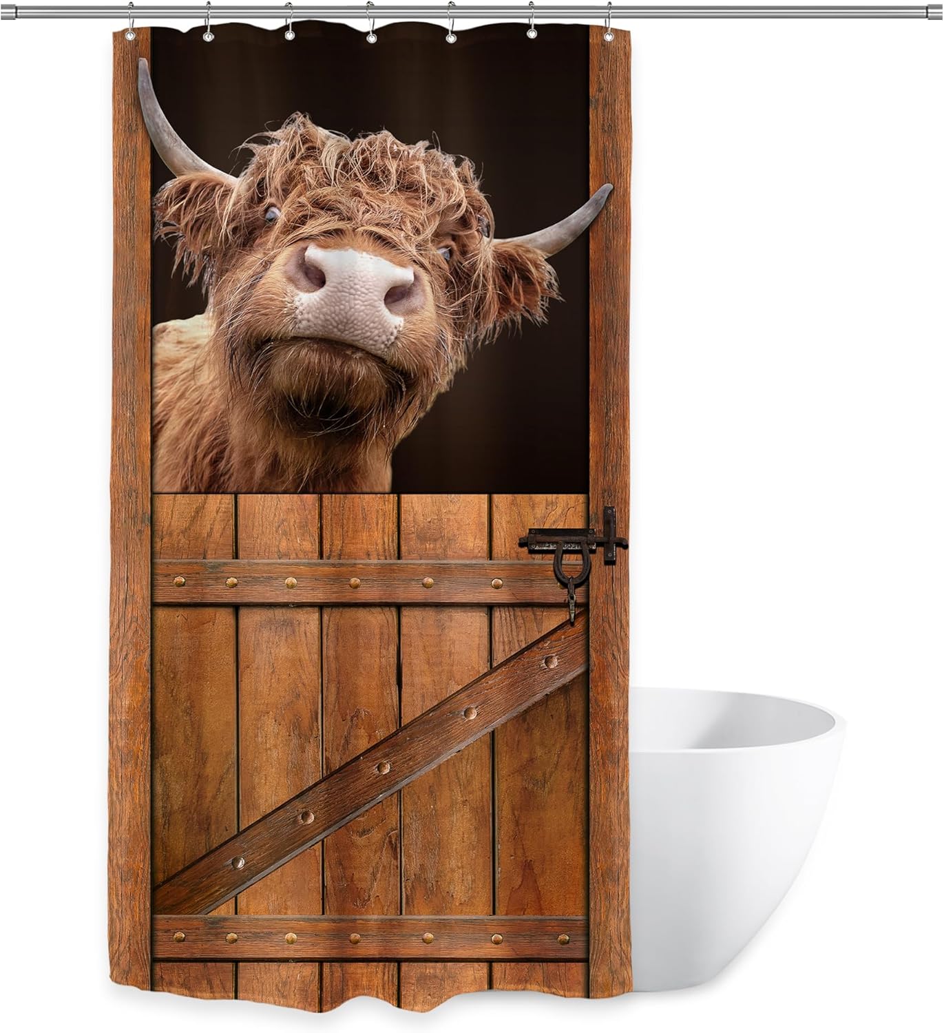 Riyidecor Stall – Cortina de ducha divertida de vaca de las tierras altas, 36 pulgadas de ancho x 72 pulgadas de alto, pequeñas cortinas rústicas
