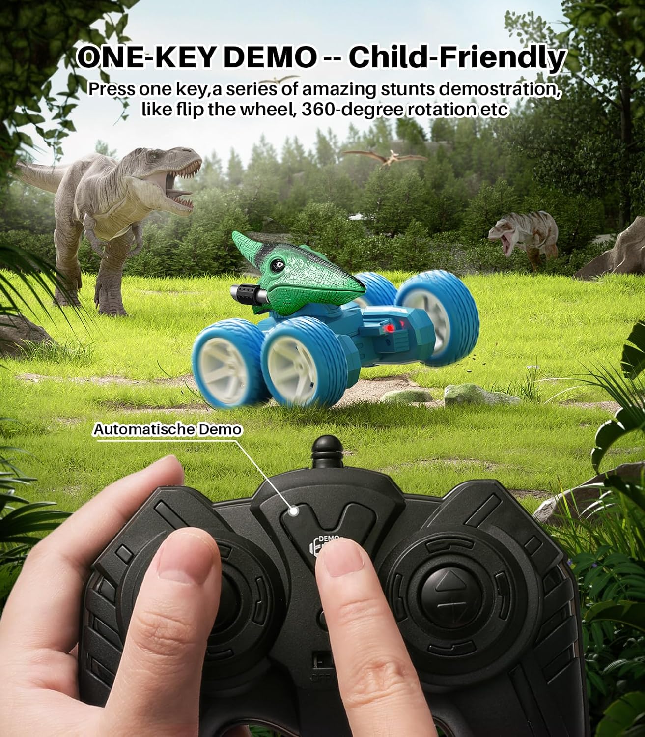 Mini auto de control remoto, dinosaurio a control remoto, juguete de camión para niños pequeños a escala 128 con luz, 4WD, 2.4 Ghz recargable, todos