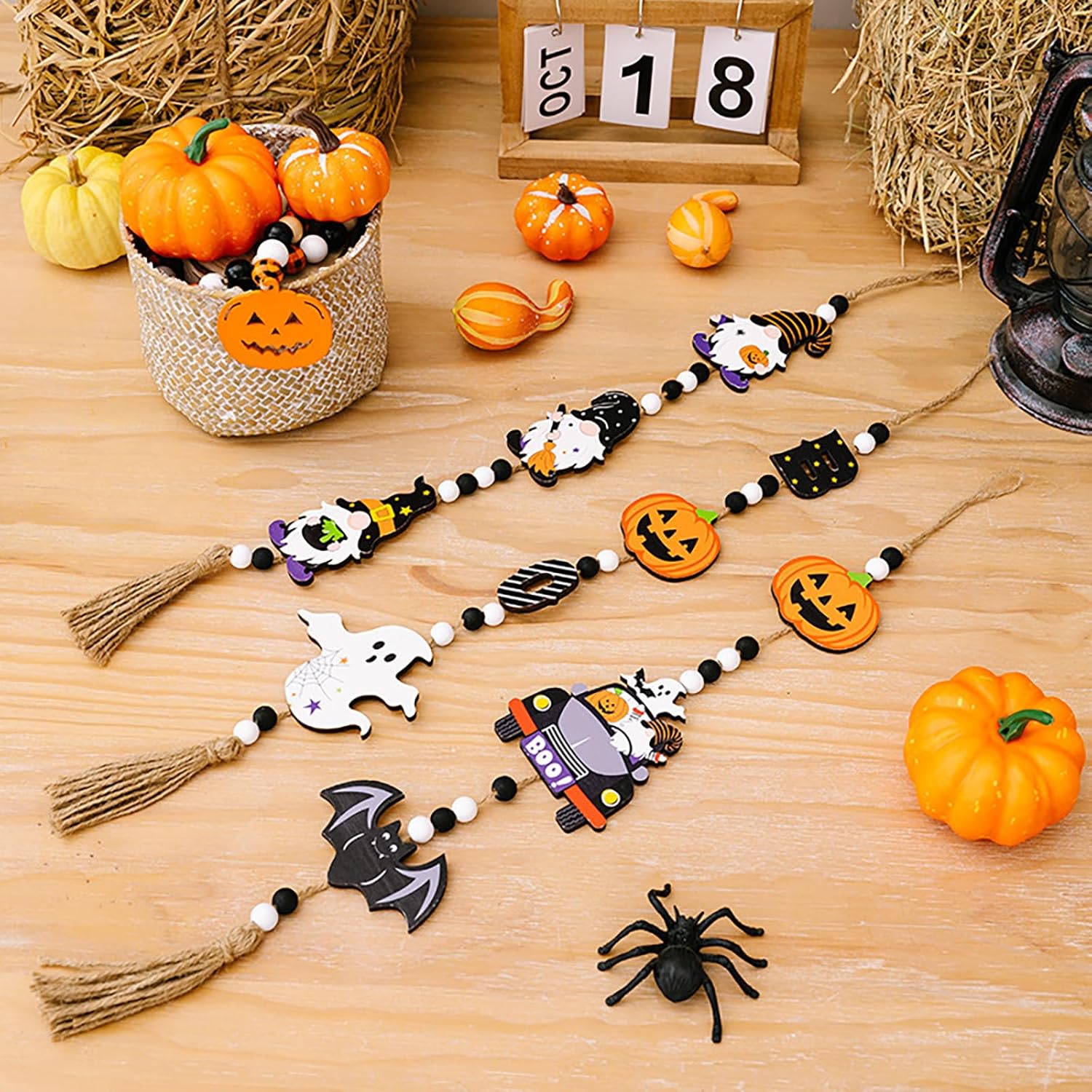 Guirnalda de madera de fantasma de Halloween, decoración de calabaza con borla de yute, letrero de calabaza, naranja y blanco, negro, juego de