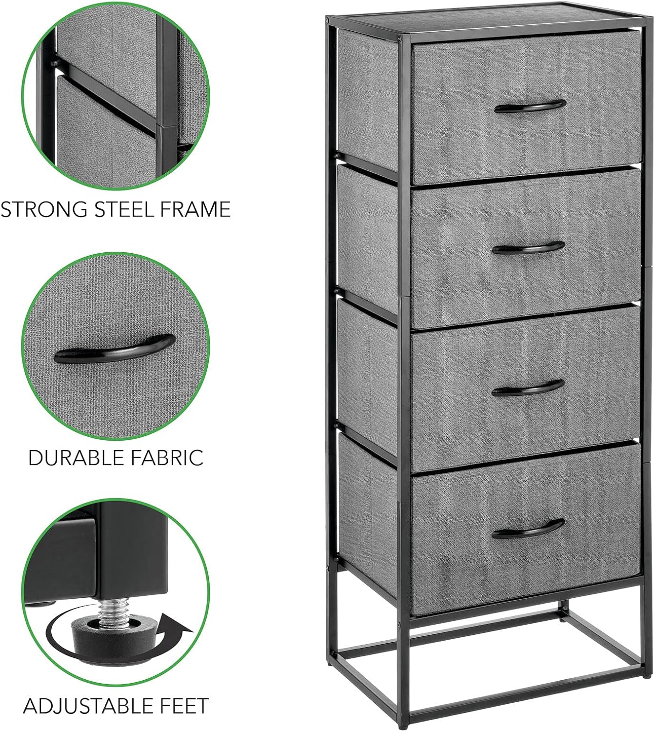 mDesign Torre de almacenamiento alta y vertical de 4 cajones, marco de acero resistente, cubos de tela de fácil tirarasas de madera, unidad