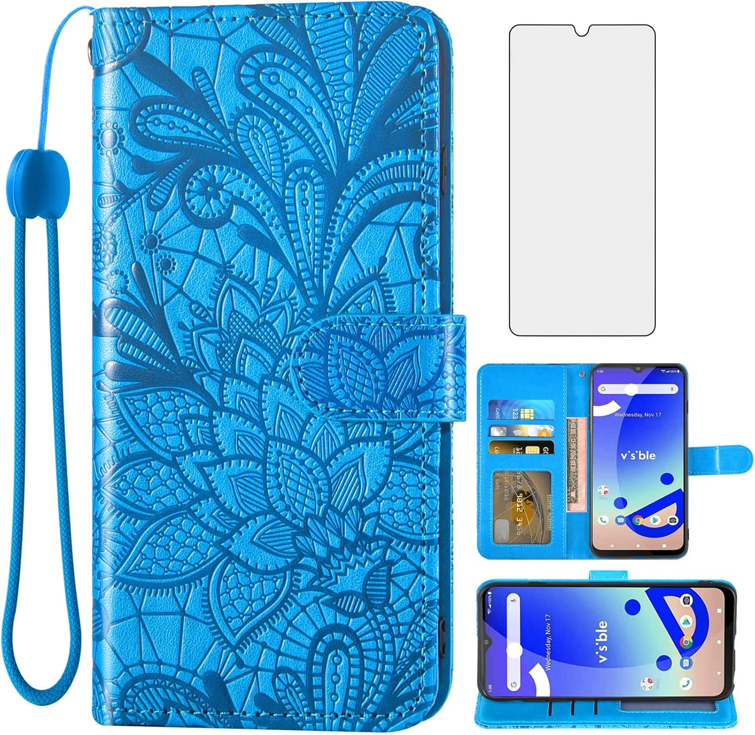 Asuwish WTVIS01 – Funda de teléfono para teléfono visible de medianoche con protector de pantalla de vidrio templado y cartera de encaje, soporte