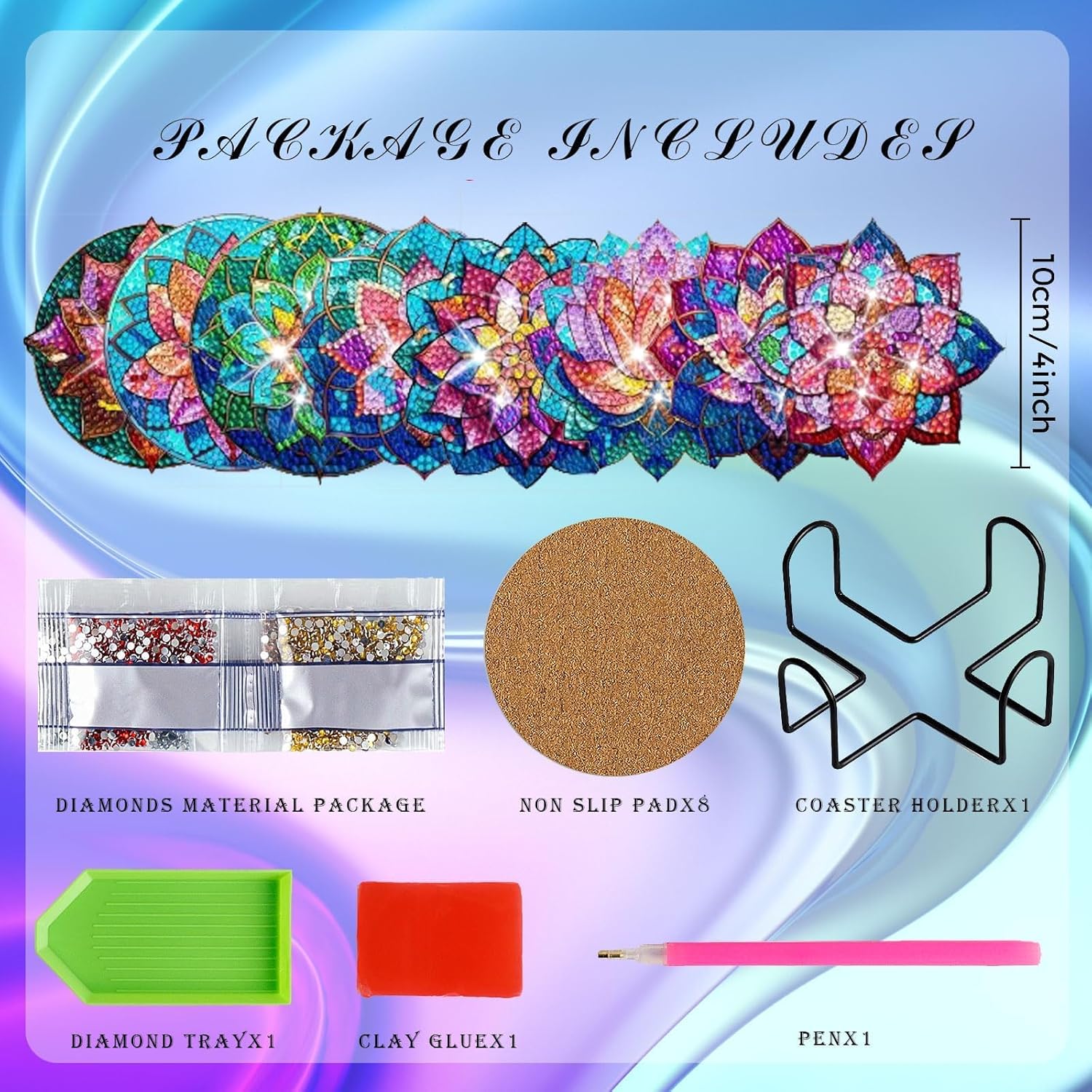 8 posavasos de diamante de loto con soporte para bricolaje, bonitos posavasos de arte de diamante de loto 5D con almohadillas de corcho para
