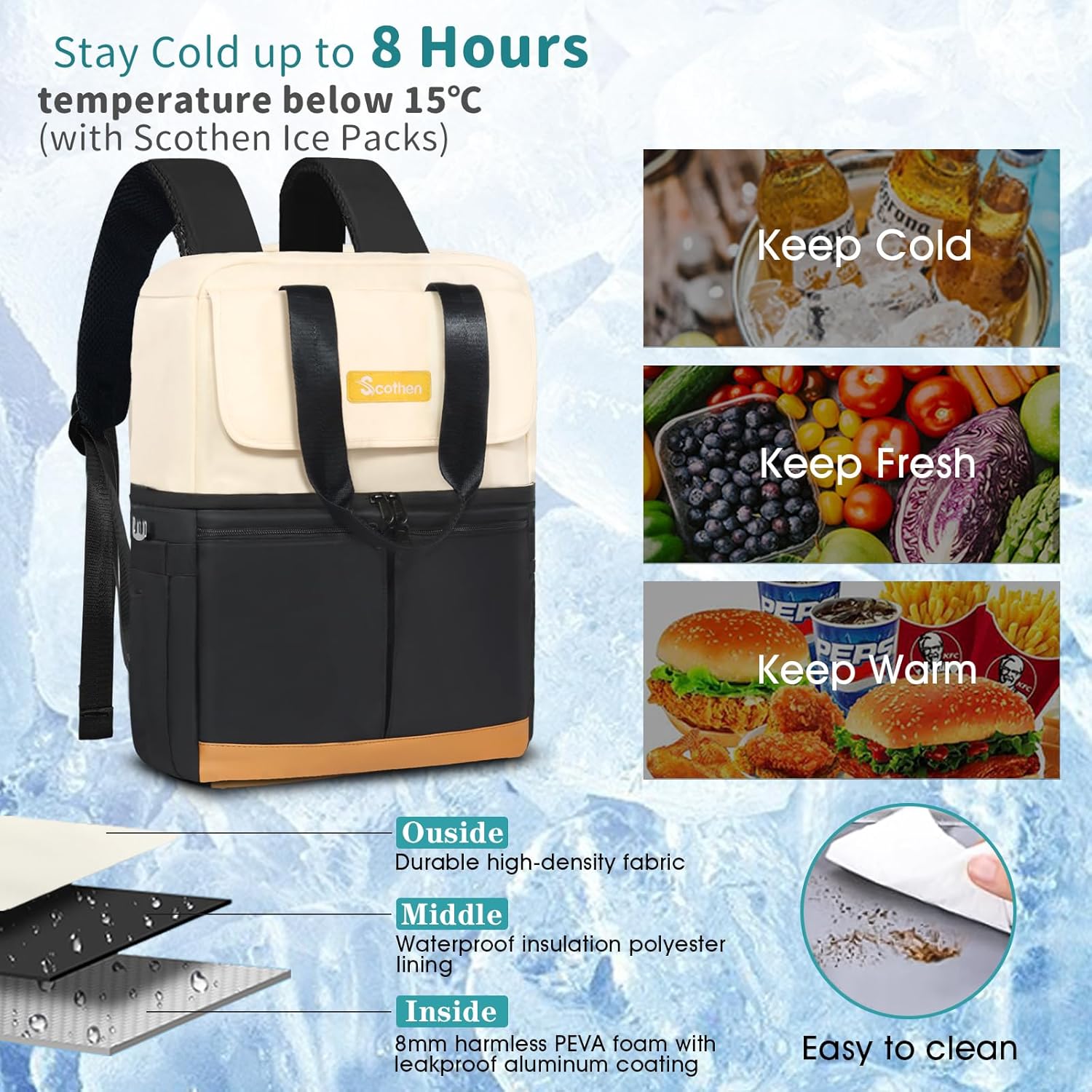 Scothen Mochila enfriadora con doble piso y 12 paquetes de hielo, mantiene 36 latas frías hasta 24 horas, mochila térmica aislada impermeable y a