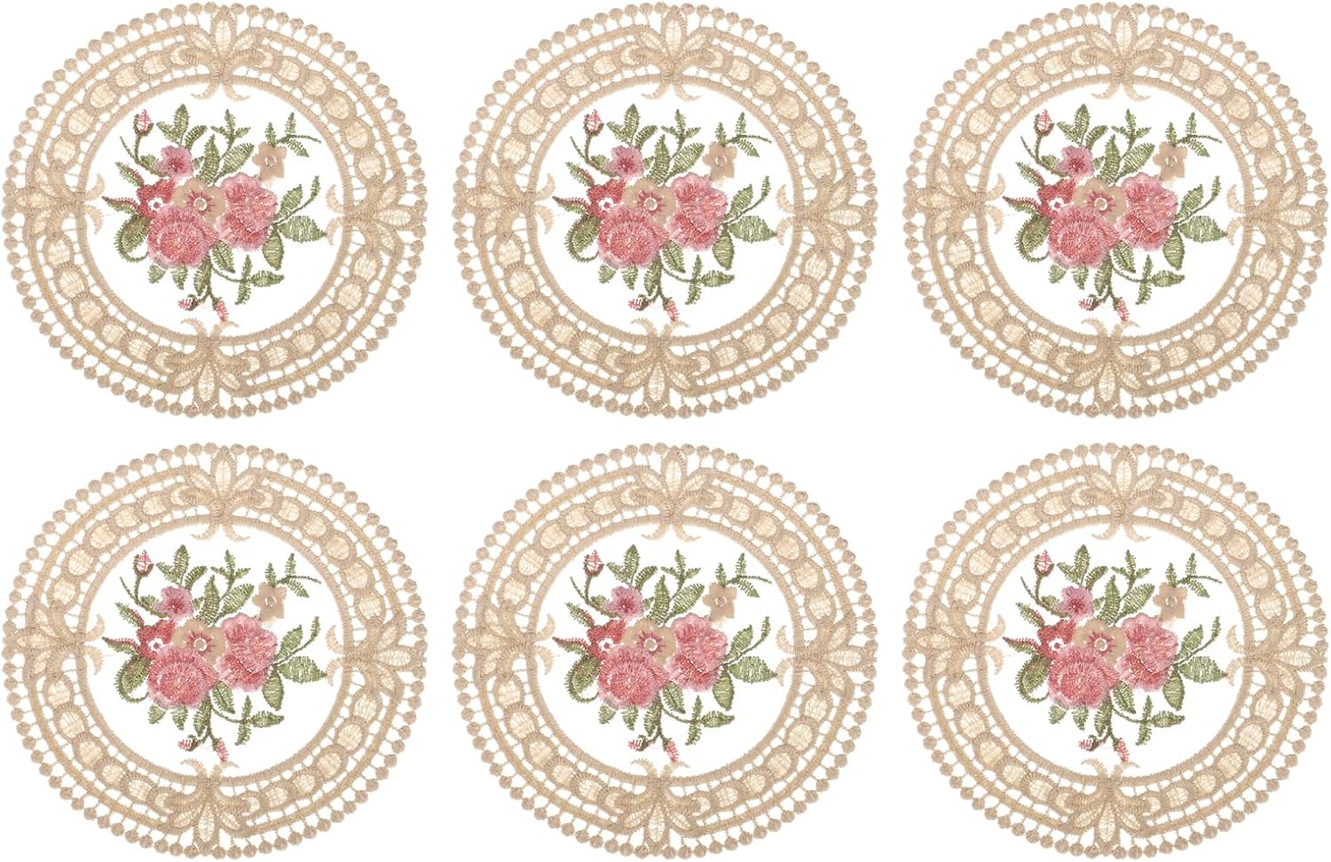 uxcell Posavasos de tela, 6 posavasos de ganchillo de poliéster de 4.7 pulgadas, tapete redondo de encaje bordado con patrón floral para decoración