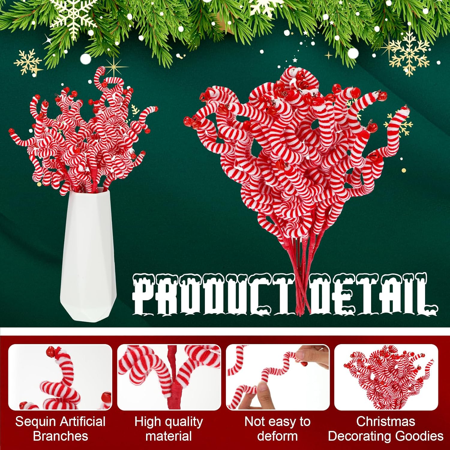 20 piezas de selecciones para árbol de Navidad, campanas de lana, recogida rizada de 14 pulgadas, decoración de árbol de Navidad, dulces, adornos de