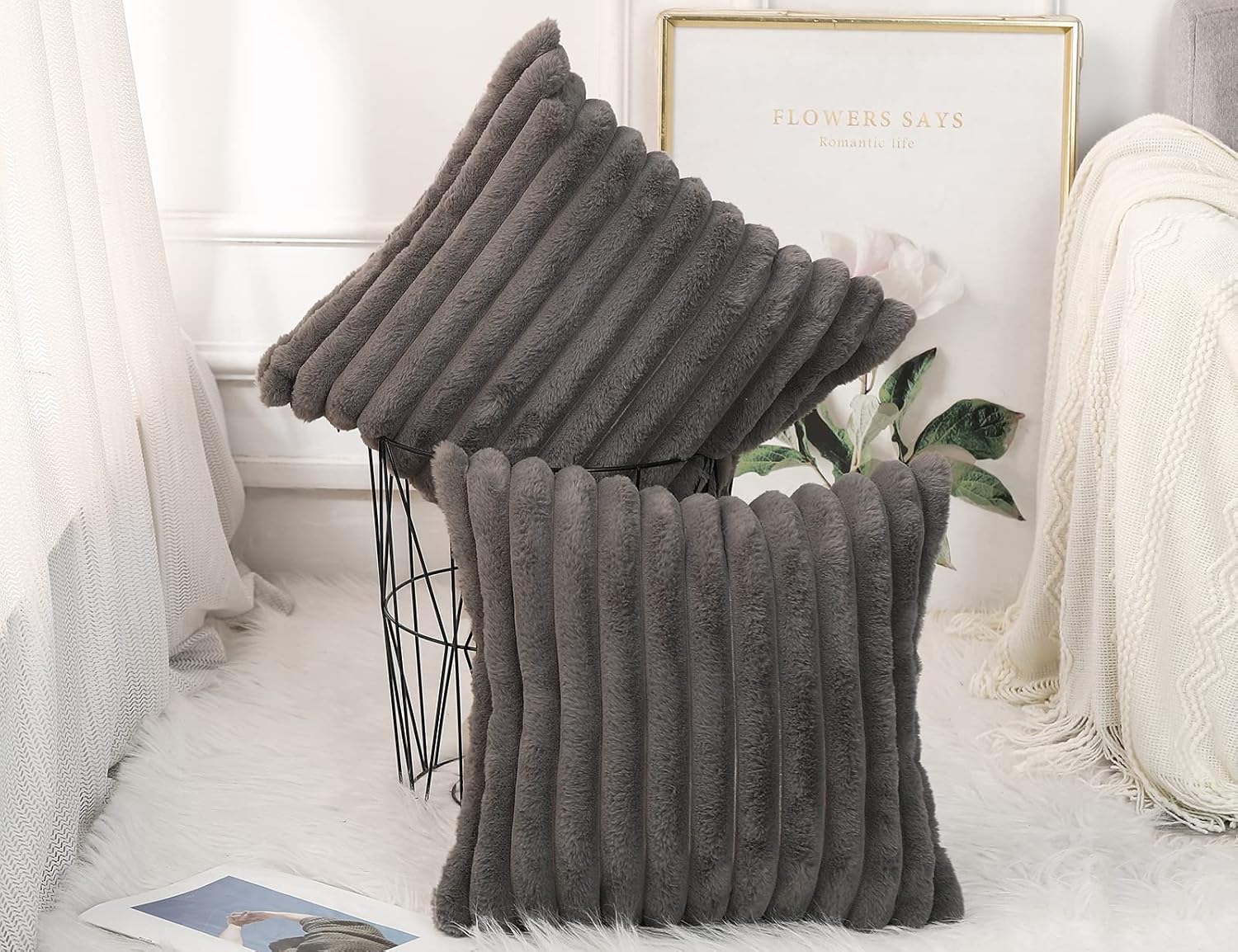 PANOD Juego de 2 fundas de almohada decorativas de piel sintética de 18 x 18 pulgadas, color gris, lujosas fundas de almohada modernas y bohemias