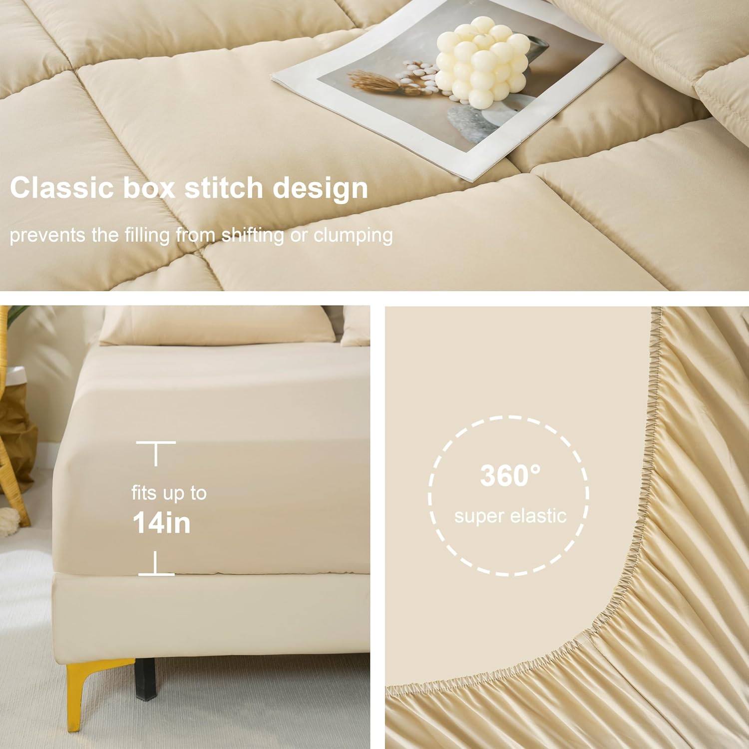 DOWNCOOL Juego de edredón tamaño Queen, 7 piezas de ropa de cama Queen beige, cama alternativa para todas las estaciones, cama en una bolsa, tamaño