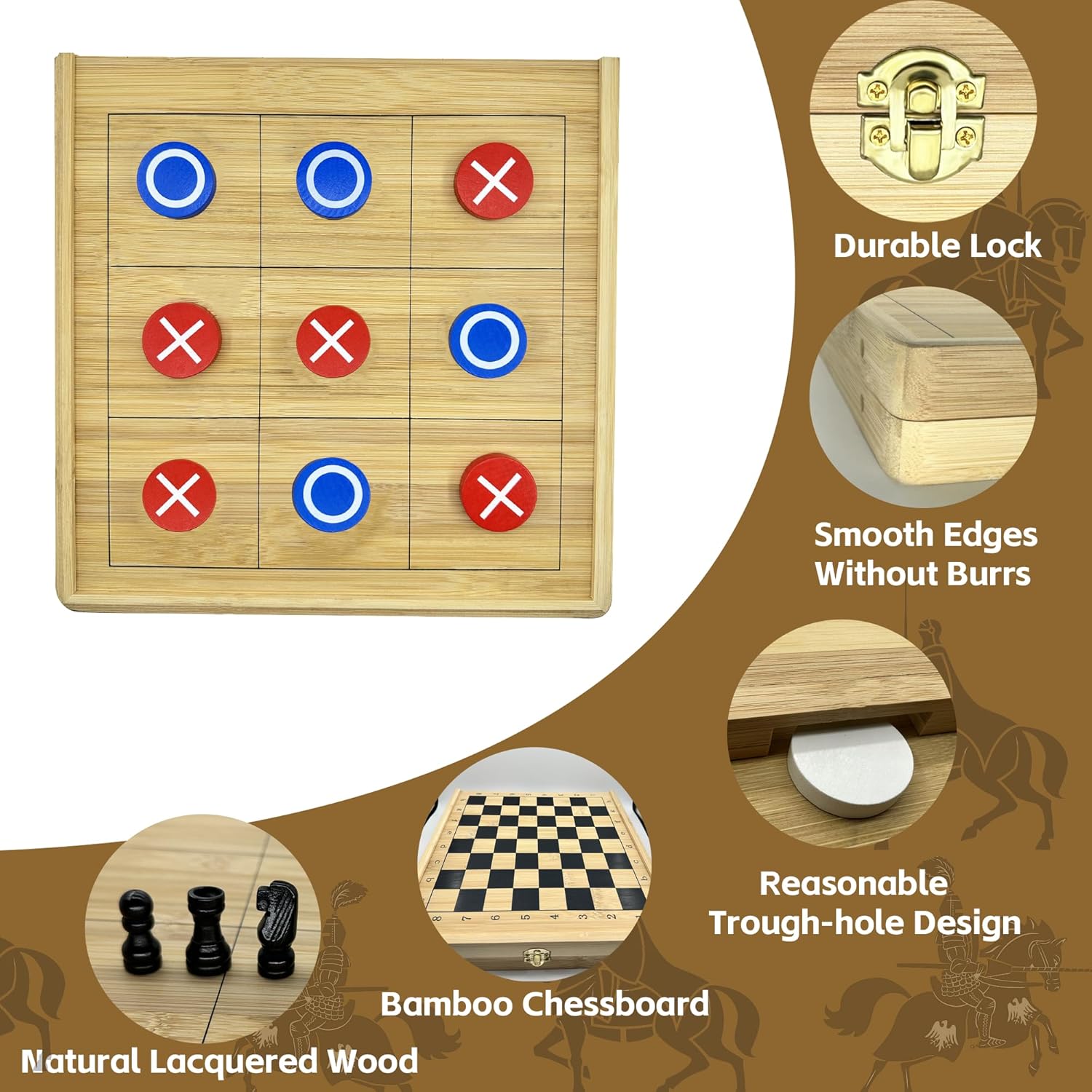 4-en-1 Material de bambú libre de contaminación Fast Sling Puck Set, ajedrez, damas, juegos de Tic Tac Toe, Juegos de mesa de ajedrez plegable
