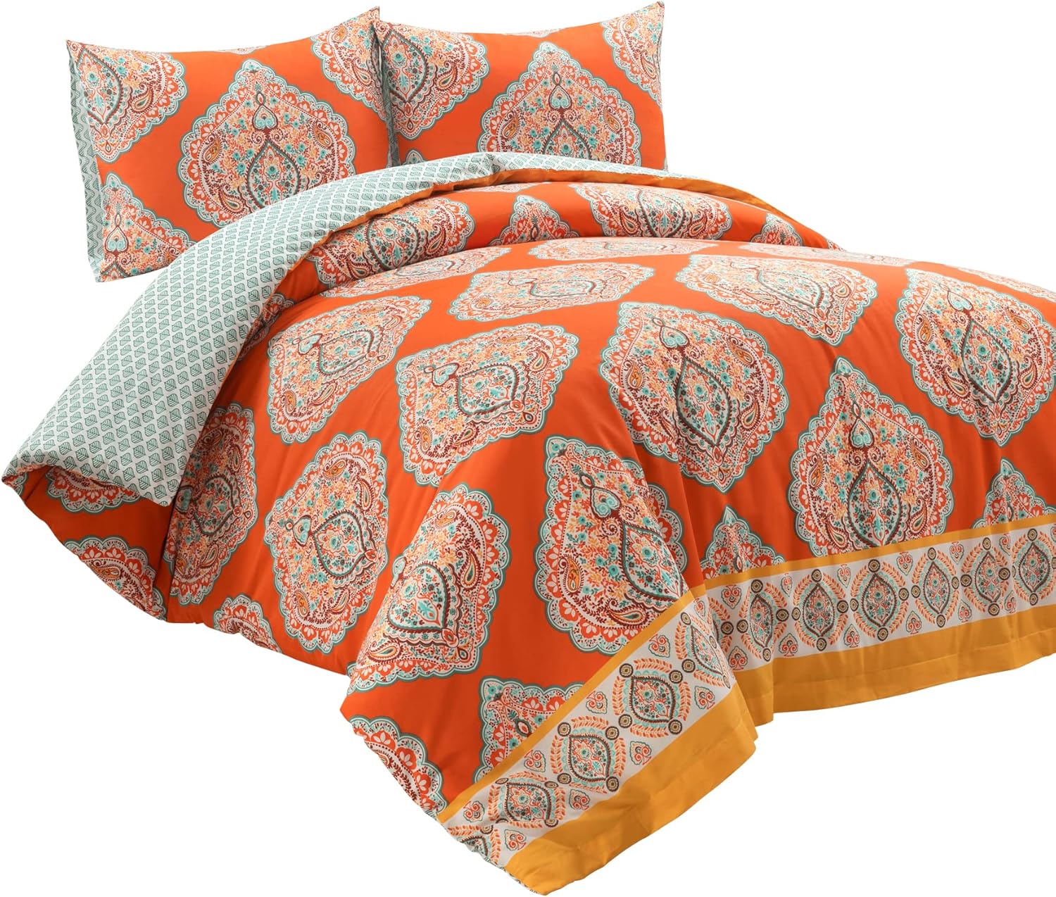 Lush Decor Harley – Juego de funda de edredón reversible de algodón, juego de 3 piezas, King, mandarina, juego de ropa de cama bohemio, funda de