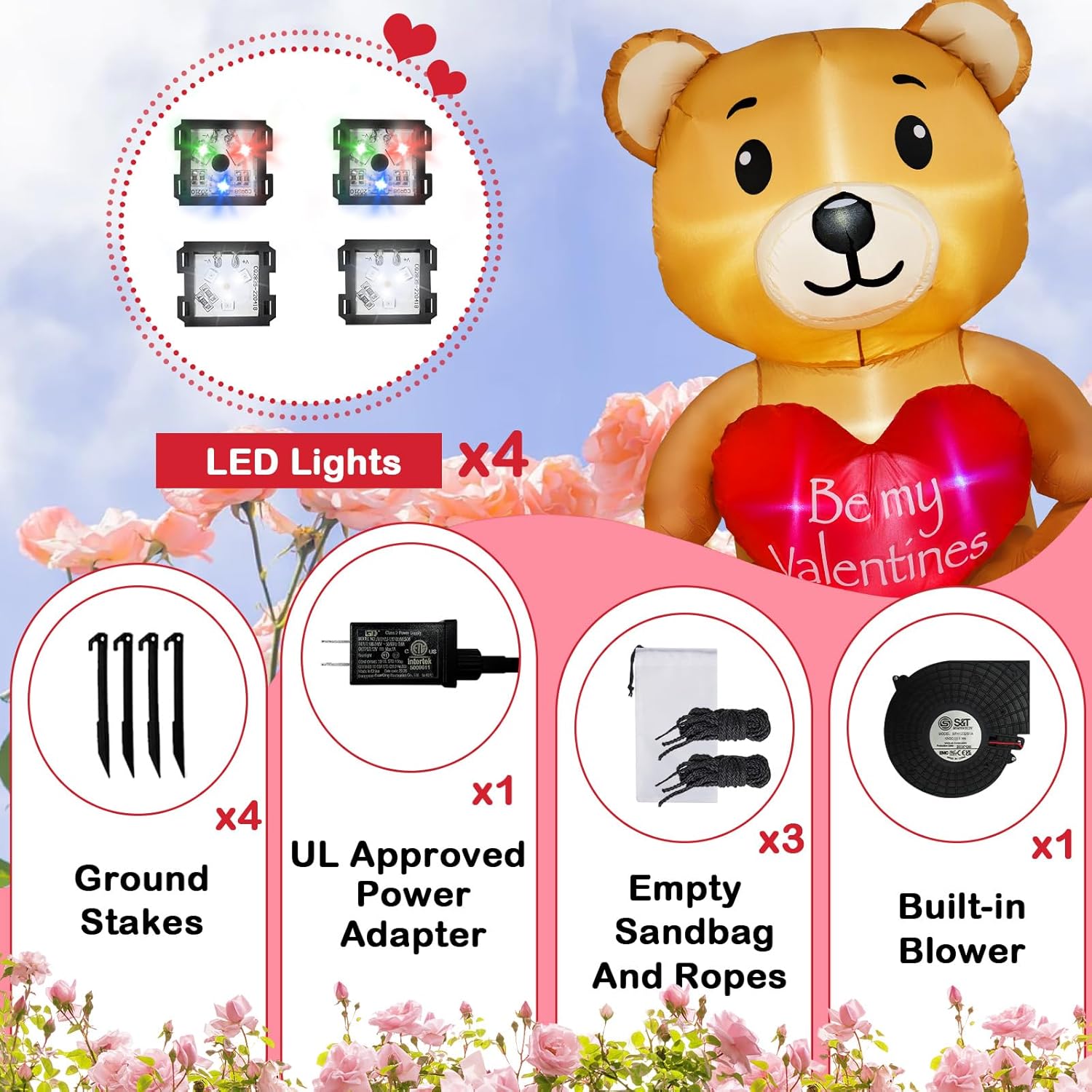 Oso inflable para el día de San Valentín de 4 pies con corazón de amor, decoración del día de San Valentín, luces LED RGB integradas, regalo del día