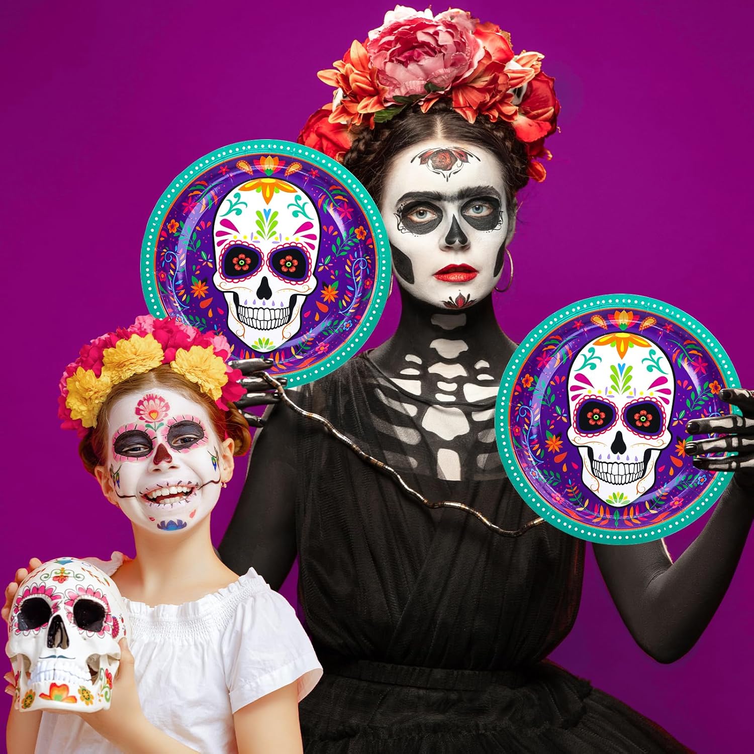 DYLIVeS Suministros para fiesta del Día de los Muertos, platos y servilletas del Día de los Muertos, cubertería y calavera de azúcar, vajilla
