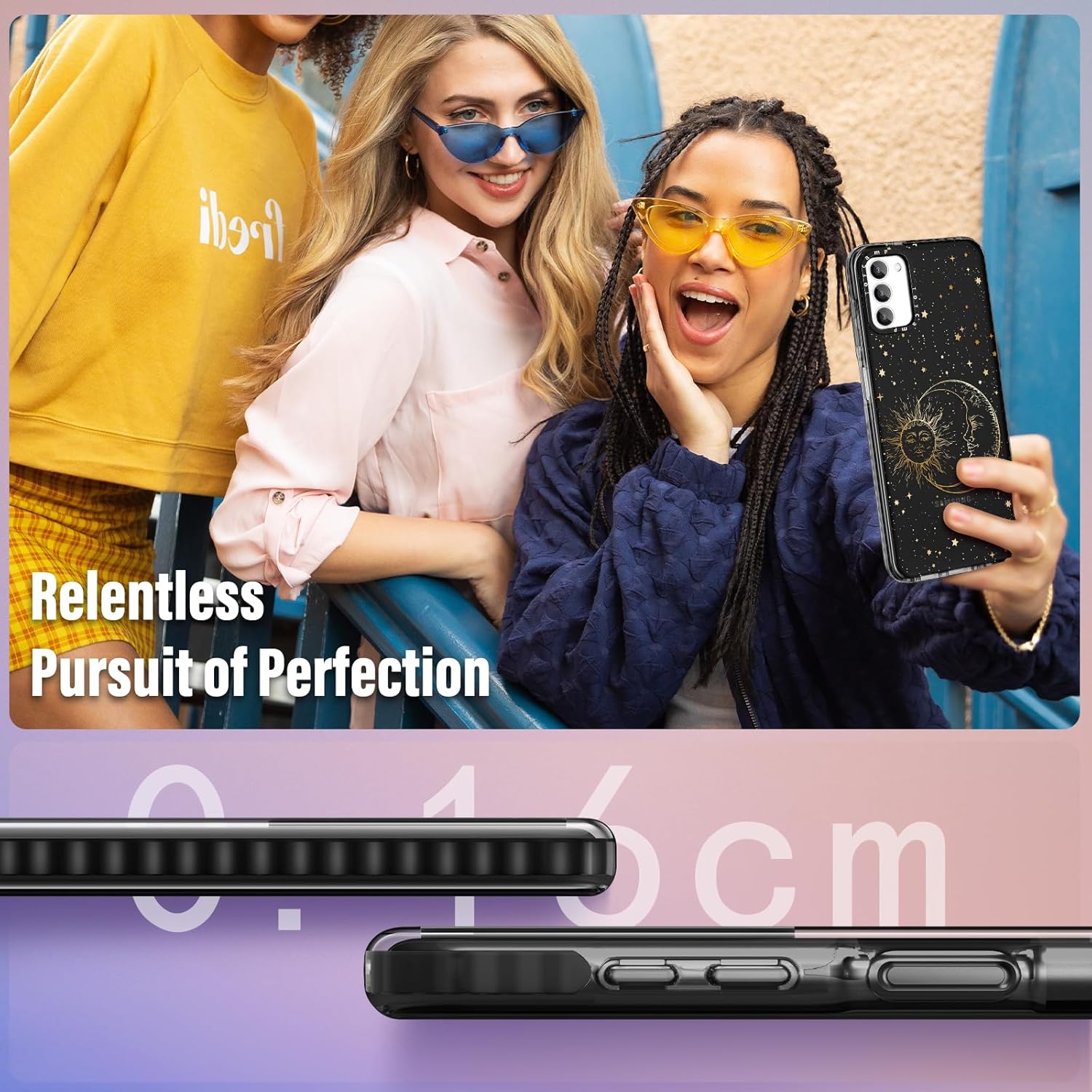 Toycamp Funda para teléfono Samsung Galaxy A03S con soporte de anillo, diseño de fantasía con purpurina de sol, luna, estrellas, fantasía para