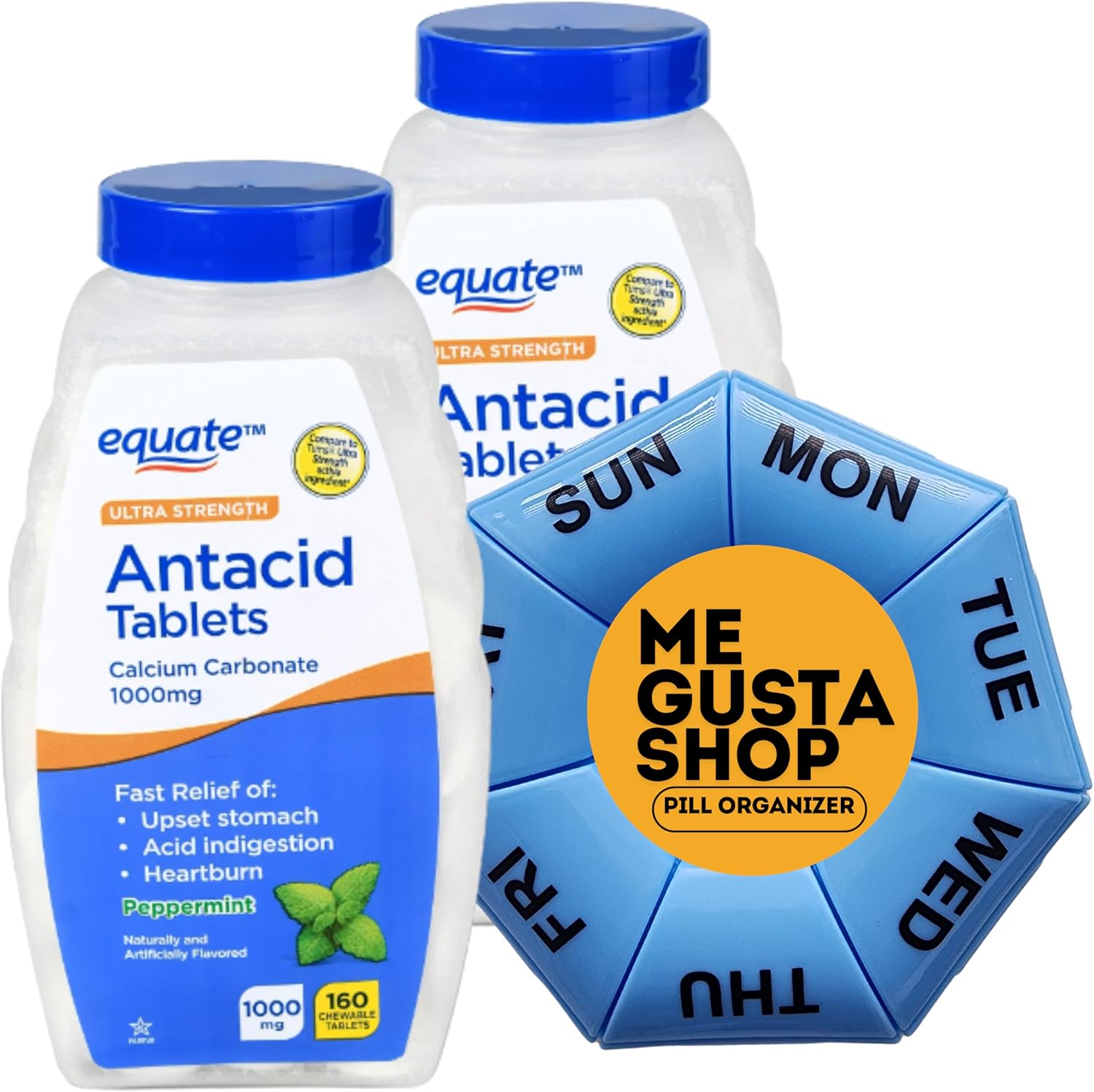 Equate Ultra Strength – Tabletas masticables antiácidos de menta, 1000 mg, 160 unidades (paquete de 02) 320 en total + adhesivo Me Gustas