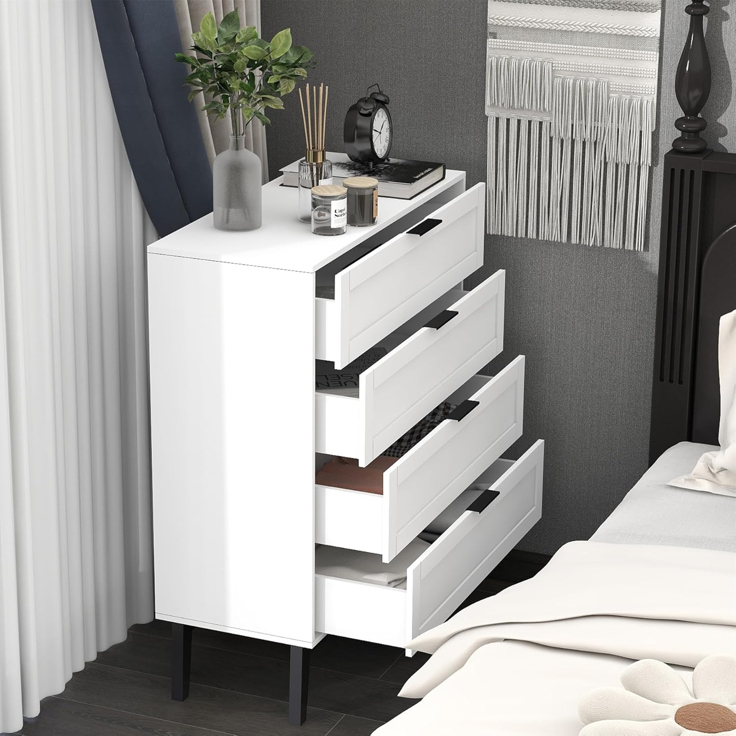 TaoHFE Cómoda blanca de 4 cajones para dormitorio, cómoda de lencería de madera para dormitorio, moderna de 36 pulgadas de alto, cómoda blanca para