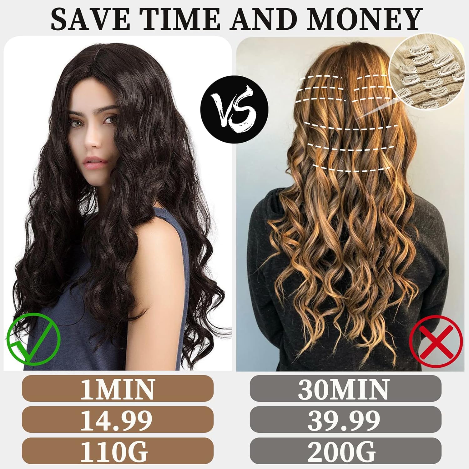 Extensiones de cabello sintético largo ondulado de 20 pulgadas con alambre transparente ajustable, con 4 clips seguros, para uso diario en fiestas