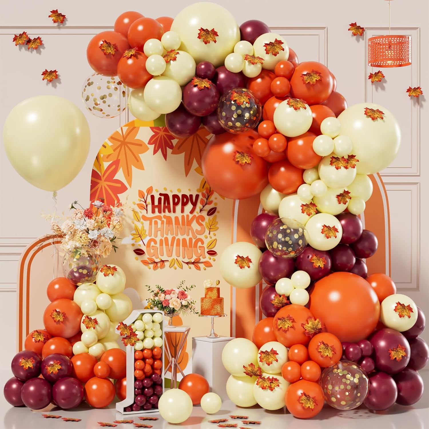 Bonropin Kit de guirnalda de arco de globos de otoño de 193 piezas con globos de confeti amarillo pastel, naranja, borgoña, dorado, hojas de arce
