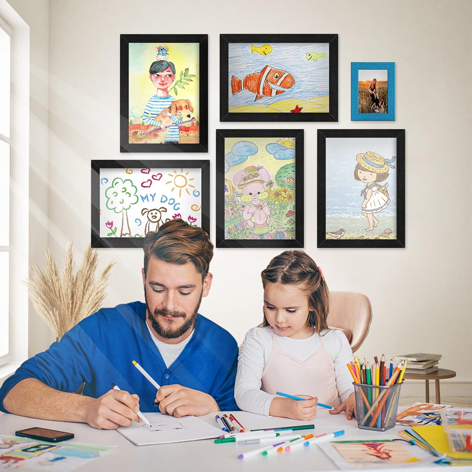 Mlikero Marcos de arte para niños intercambiables, paquete de 4 marcos de arte para niños con almacenamiento, marcos de arte para niños A4, marcos