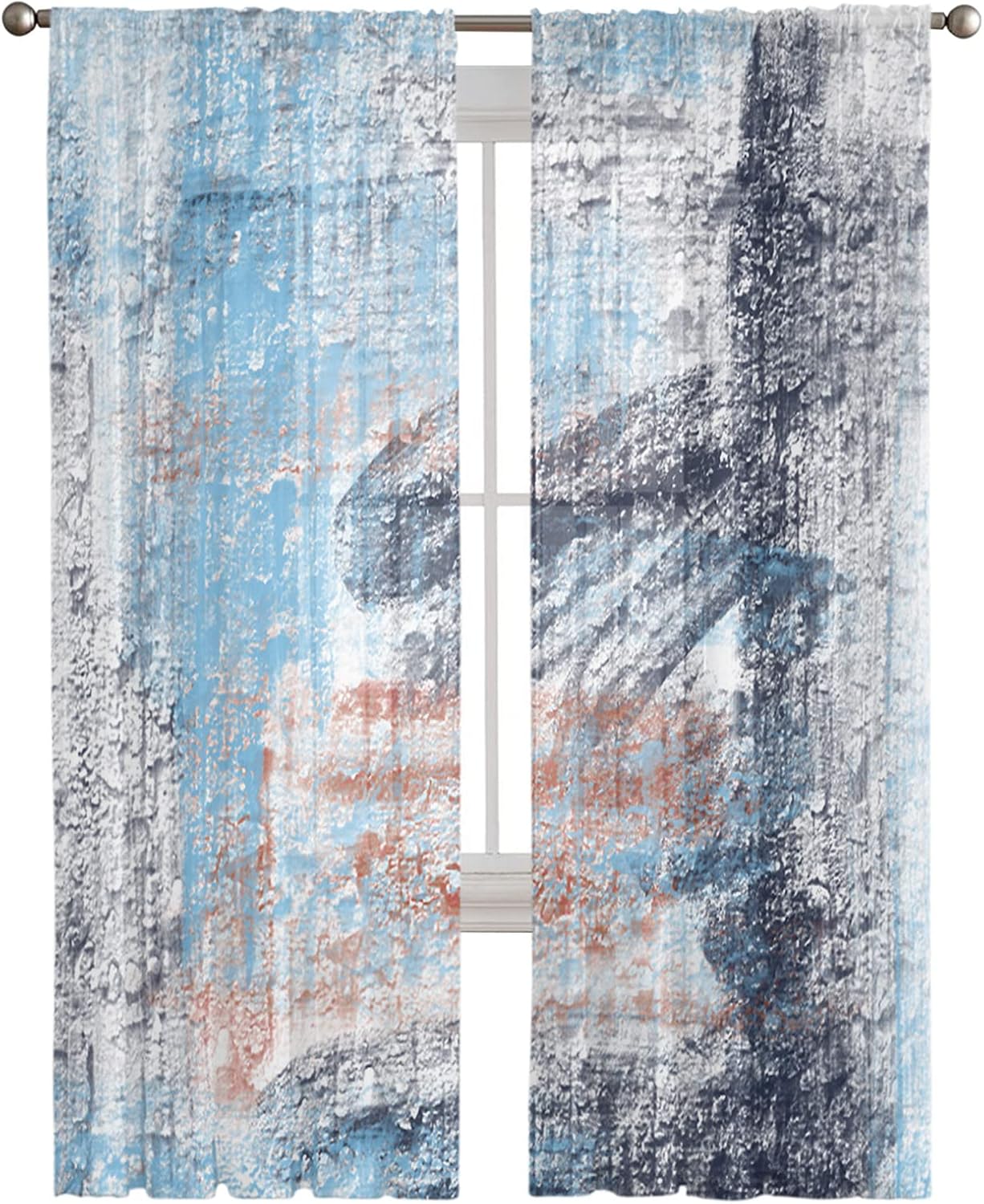 Sheer Curtains 84 Inch Long Street Blue Modern Abstract Art Rod Pocket Voile Semi-Sheer Window Treatment Drapes for Living Room Bedroom Windows 2