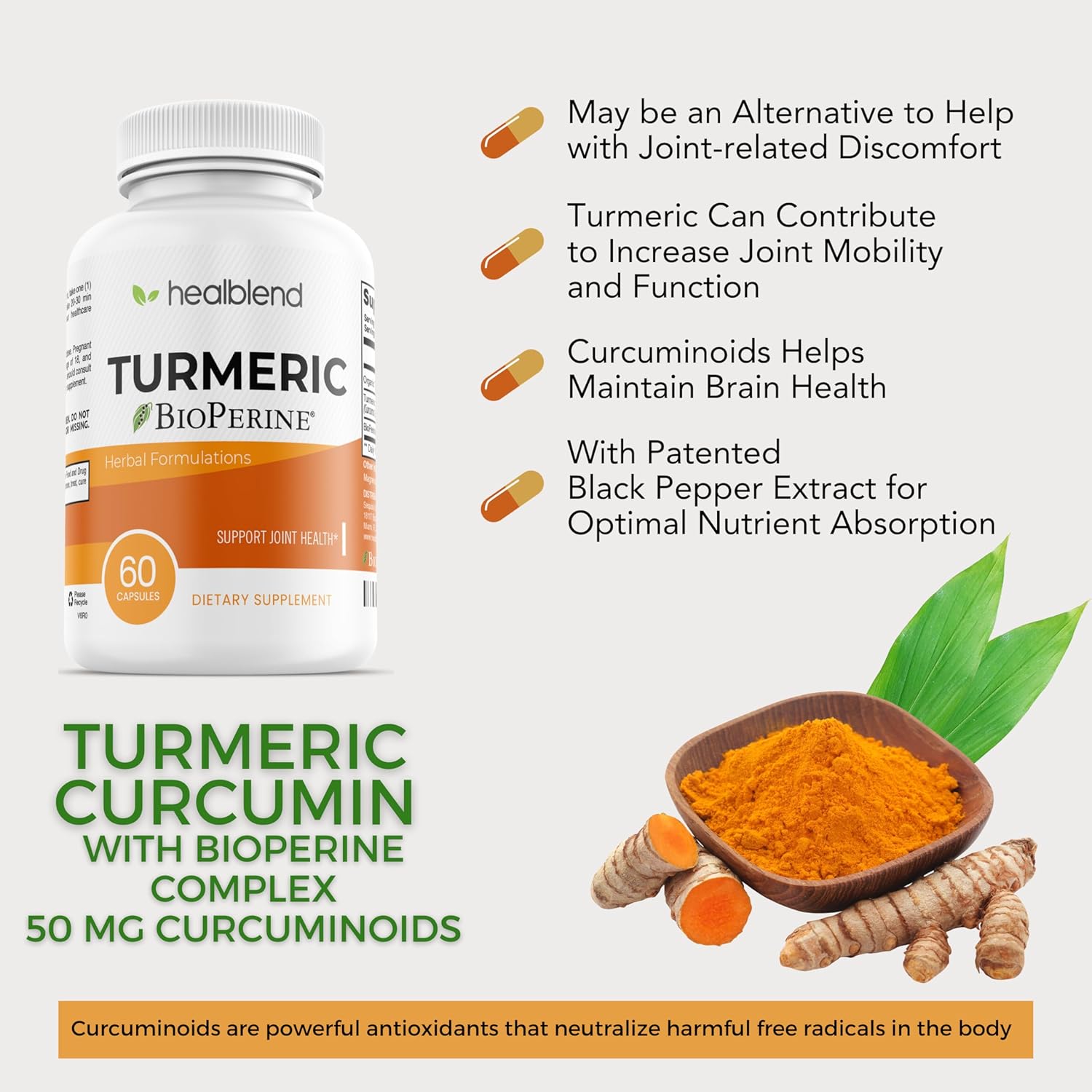 Curcumina de cúrcuma orgánica con BioPerine  95% curcuminoides estandarizados y extracto de pimienta negra  Suplemento de apoyo articular con