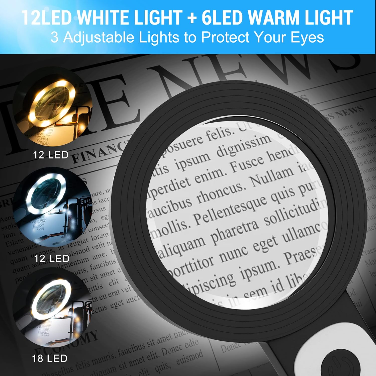 Lupa con 18 luces LED, lupa iluminada grande de mano 30X, lupa de lectura con para lectura de personas mayores, monedas, sellos, mapa, inspección,