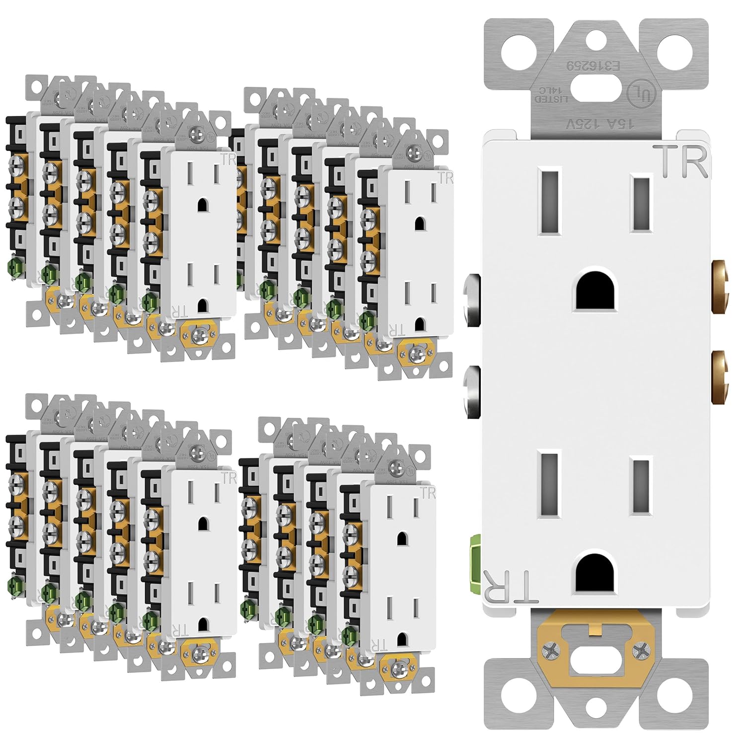 ENERLITES Receptáculo decorador, toma de pared resistente a manipulaciones, grado residencial, 3 cables, conexión a tierra, 2 polos, 15 A 125 V,