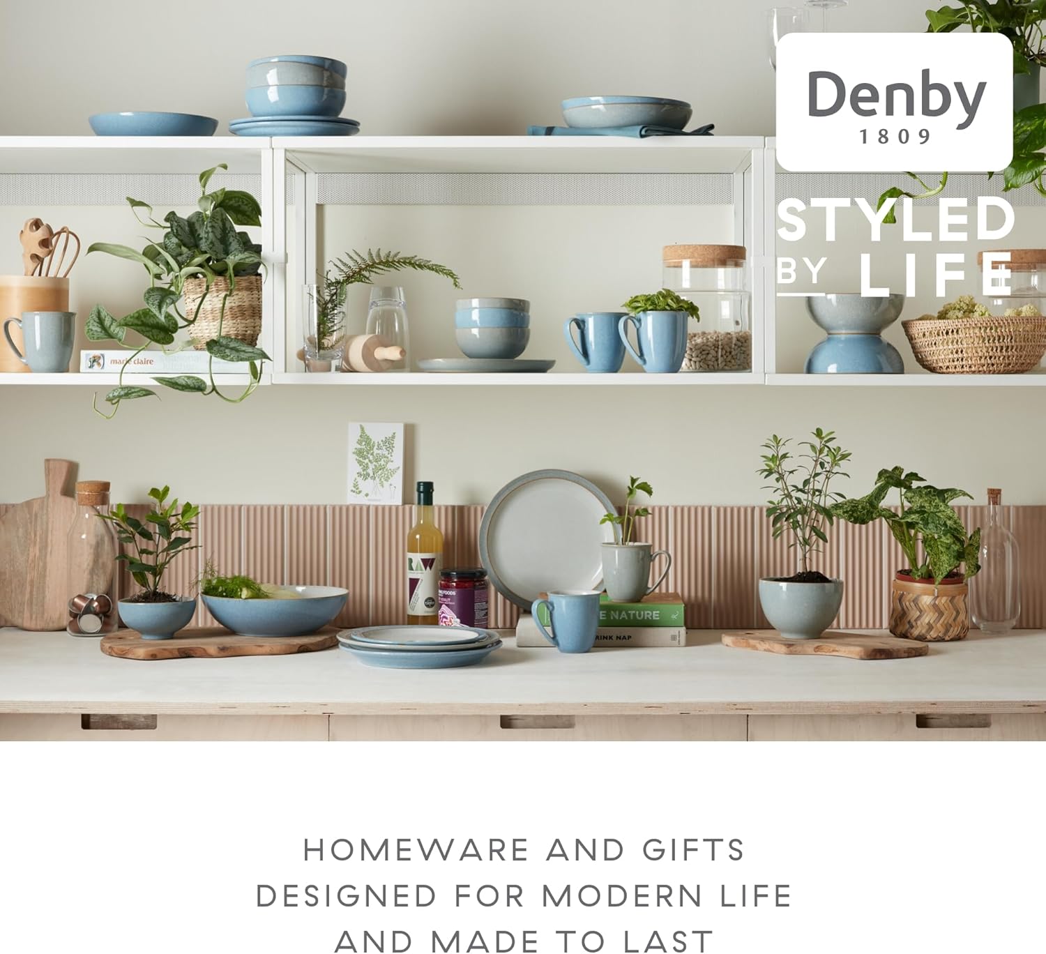 Denby – Elements Blue – Juego de 4 tazas de café grandes de 11.15 onzas para oficina y hogar, aptas para lavavajillas, microondas – Tazas de té de