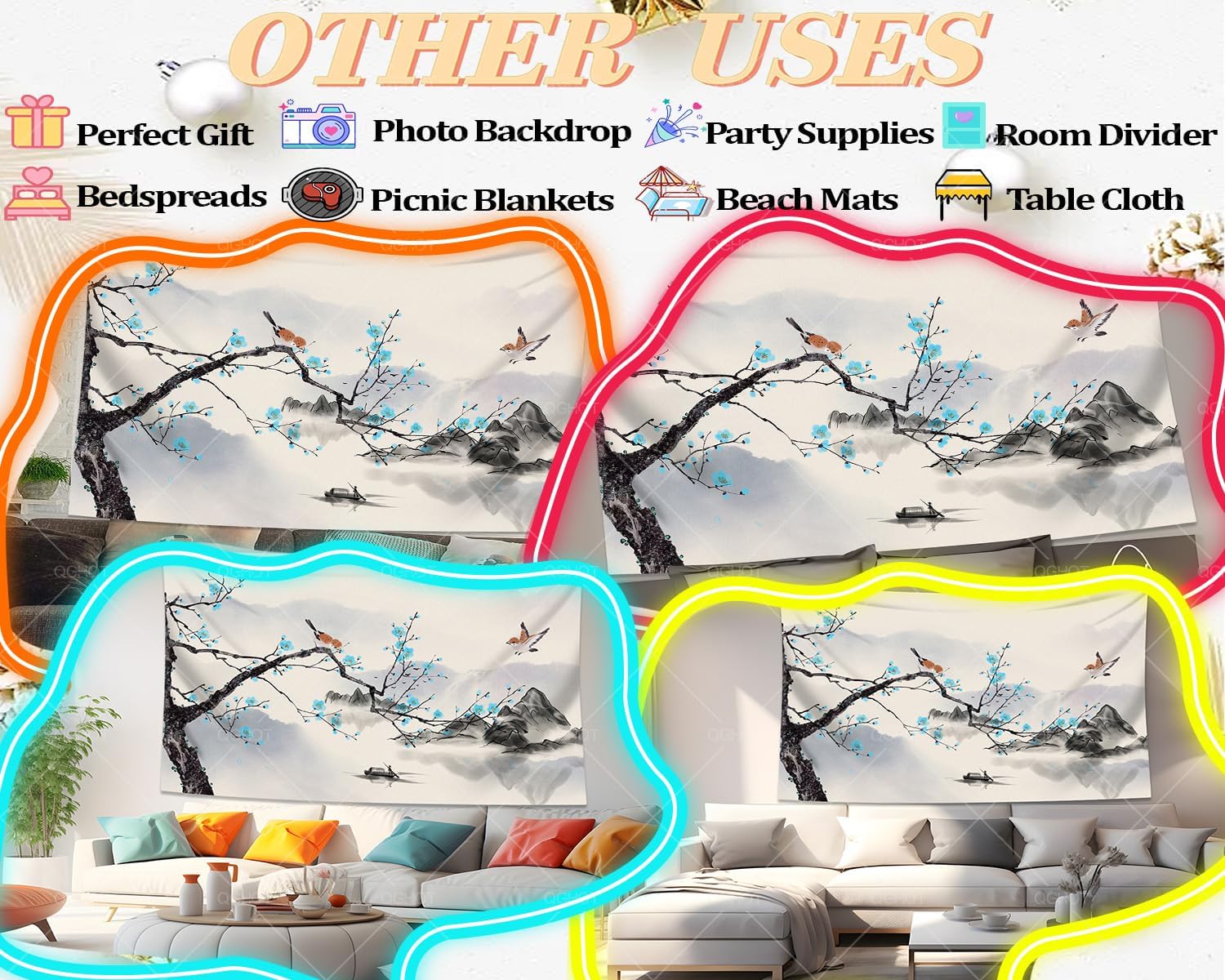 QGHOT Tapiz japonés asiático para hombre, tapiz de acuarela para colgar en la pared, tapiz calmante de pared, tapiz de paisaje de montaña, tapiz de