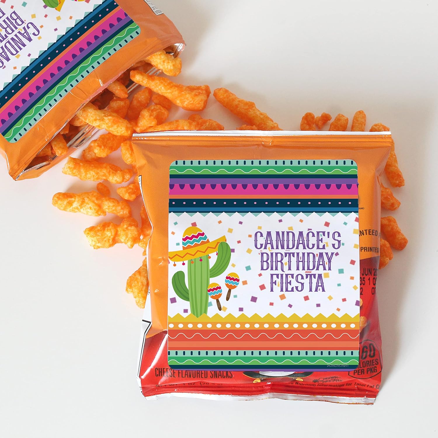 Etiquetas adhesivas personalizadas para bolsa de chips de cumpleaños de fiesta mexicana, etiquetas personalizables para bolsas de aperitivos y