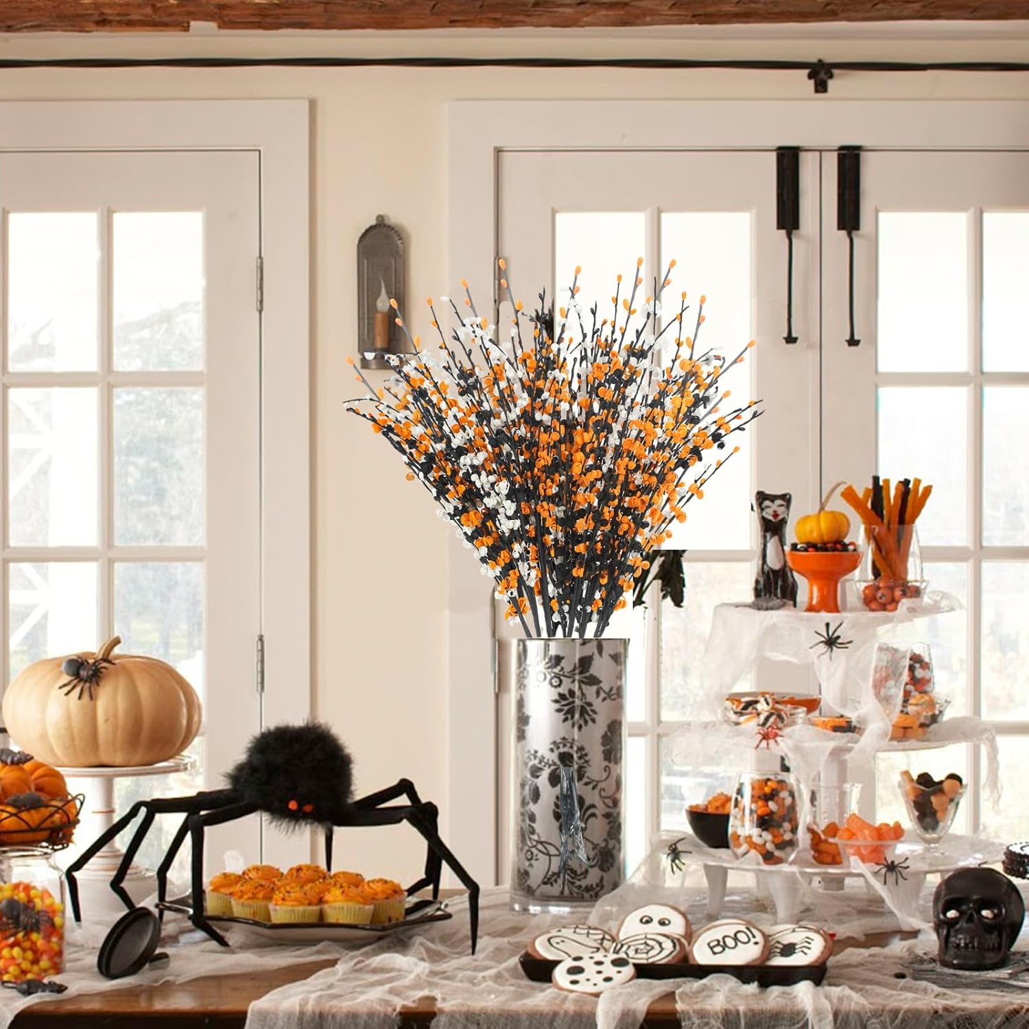 6 piezas de flores de jazmín artificiales largas, tallos florales de Halloween con flores de jazmín negro, naranja y blanco, tallos de flores de