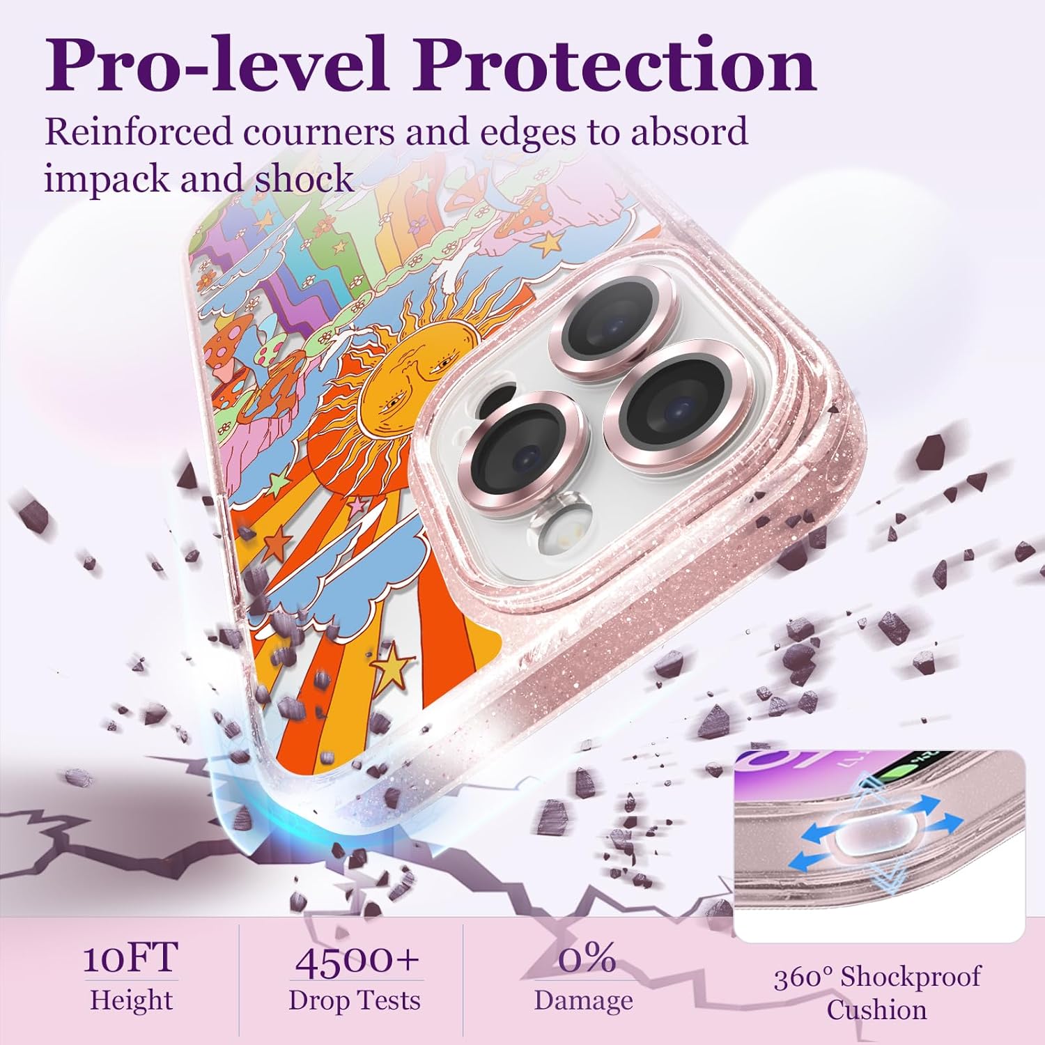 Funda compatible con iPhone 15 Pro Max, bonita estética, funda de teléfono rosa con purpurina y protector de cámara, funda estampada con patrón de