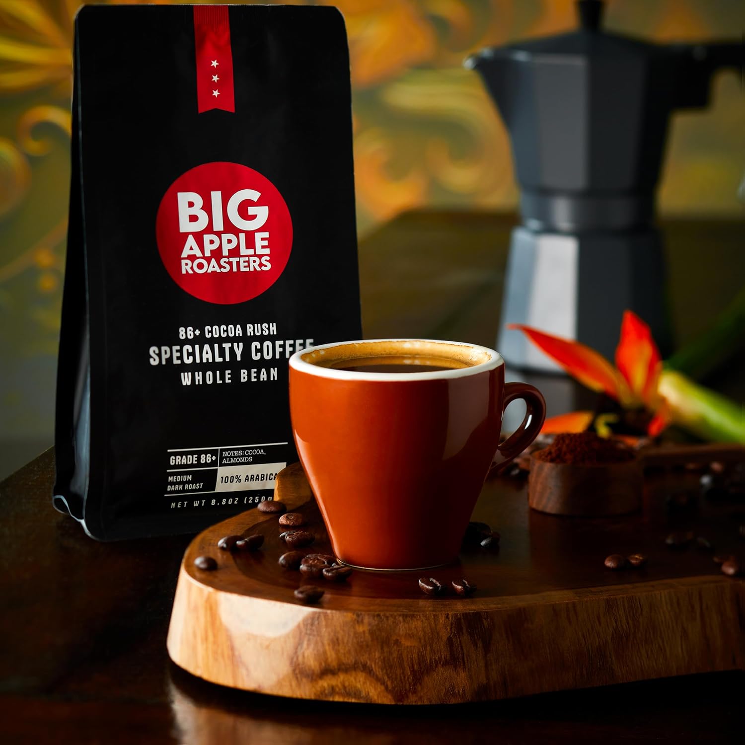 Big Apple Roasters 86+ Cocoa Rush Specialty Coffee  Café bajo en ácido  Grano entero  Café brasileño  Tostado medio ligero  Peso neto 8.8 onzas