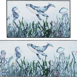 Bencailor Juego de 2 tapetes de cocina con diseño de océano navideño, ballena, caballito de mar, antideslizantes, impermeables, para decoración de Bencailor Juego de 2 tapetes de cocina con diseño de océano navideño, ballena, caballito de mar, antideslizantes, impermeables, para decoración de