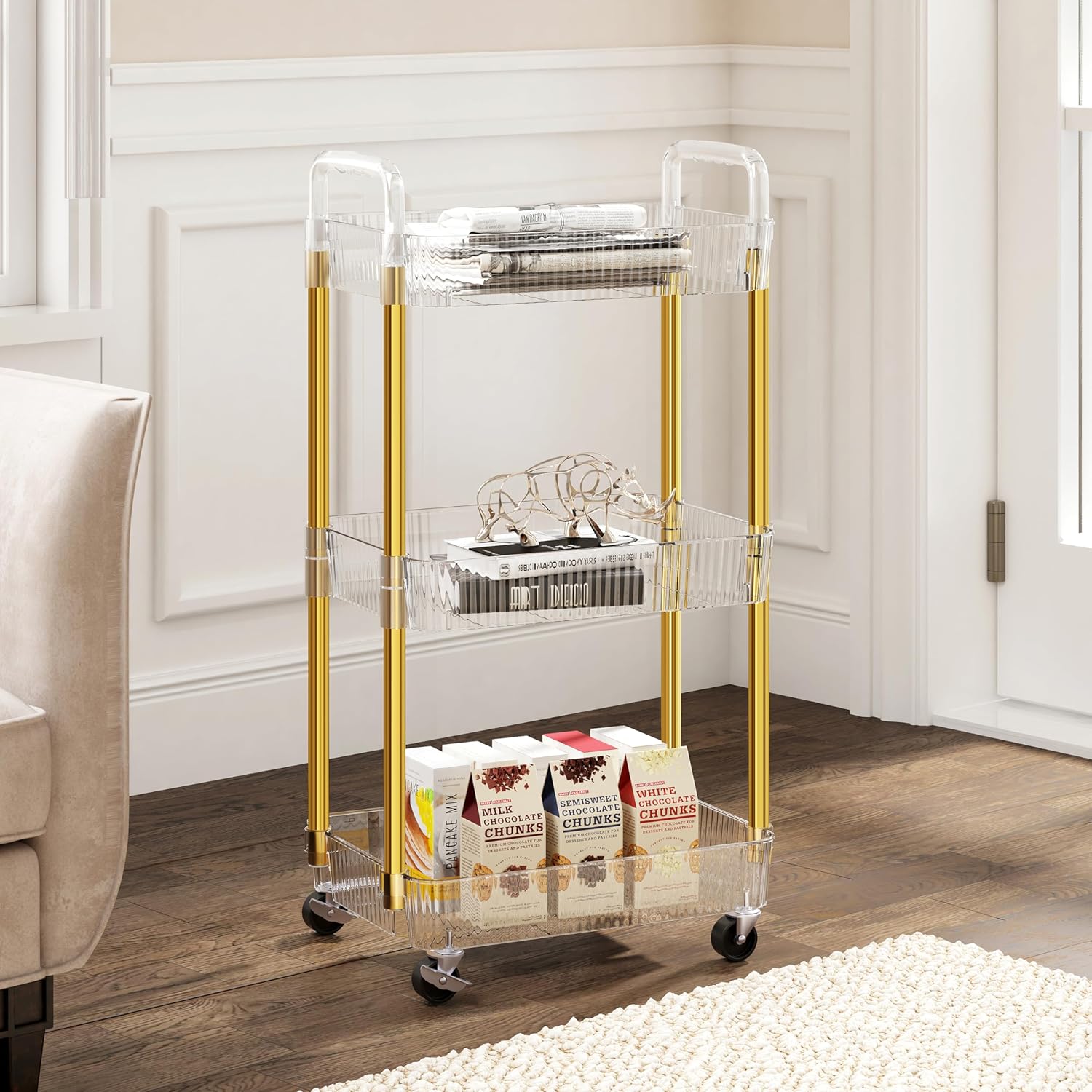 Carrito rodante de 3 niveles, carrito de maquillaje con ruedas, carrito de aperitivos, PET y carrito rodante de metal para sala de estar, cocina,