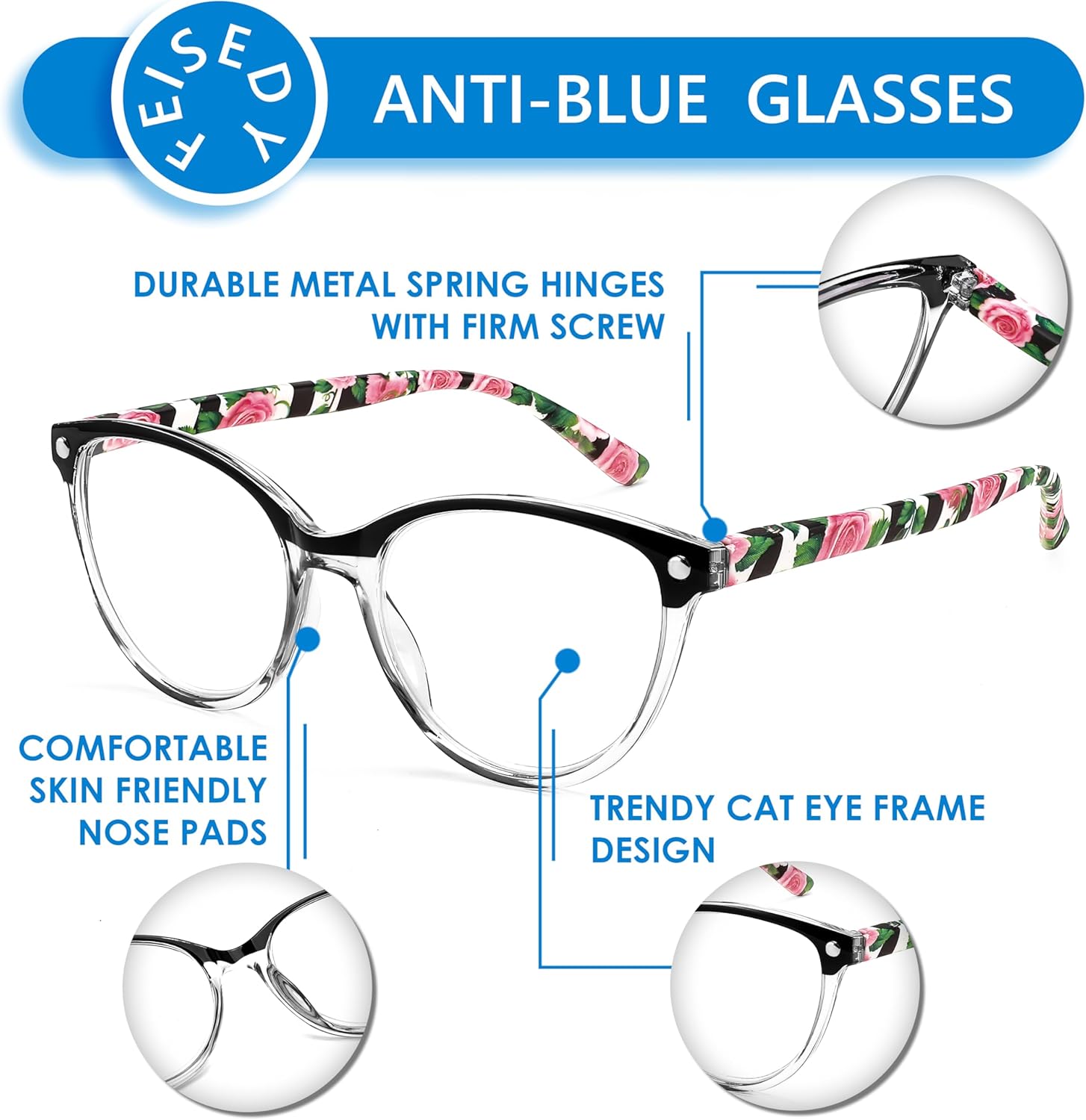 FEISEDY Gafas de lectura ojo de gato bloqueo de luz azul lectores anti fatiga ocular con bisagra de resorte B0043