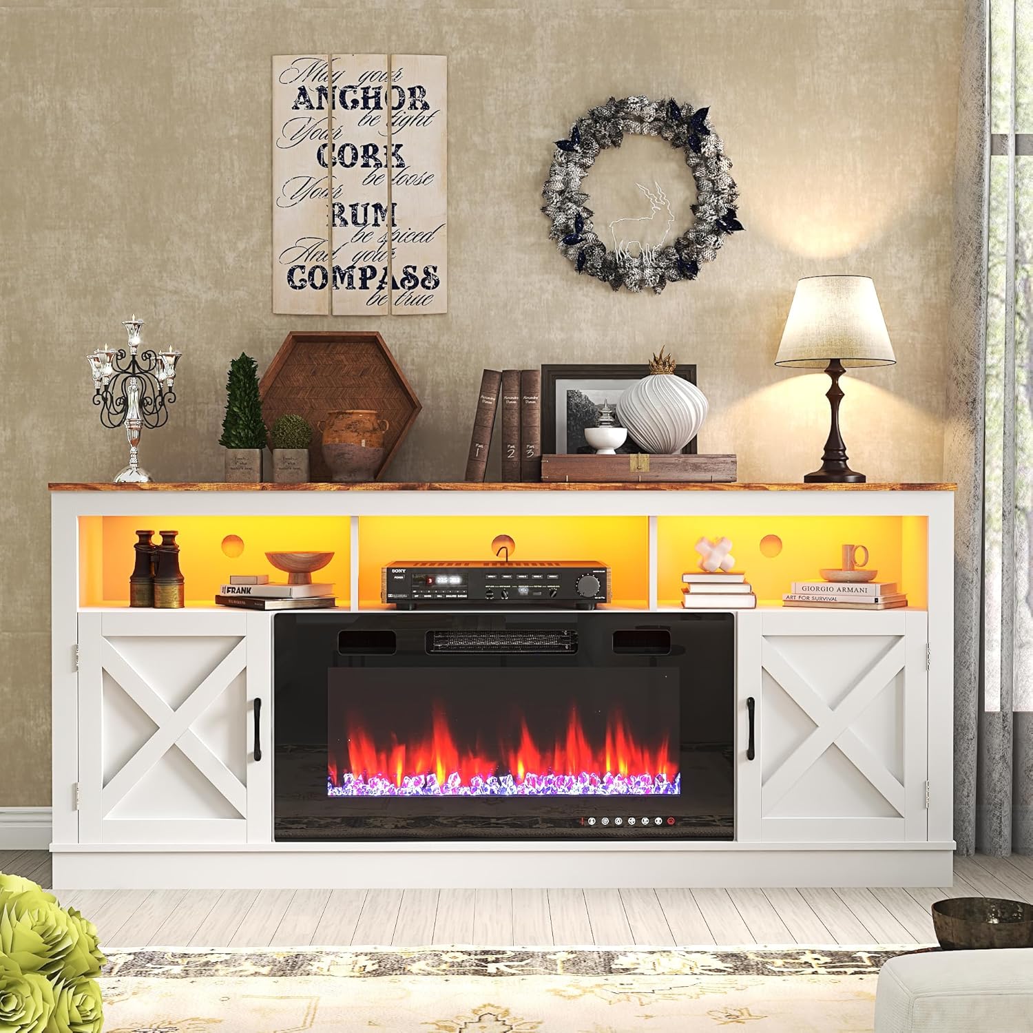 Soporte de TV con chimenea de granja para TV de 707580 pulgadas, centro de entretenimiento de 32 pulgadas de alto con chimenea eléctrica de 36