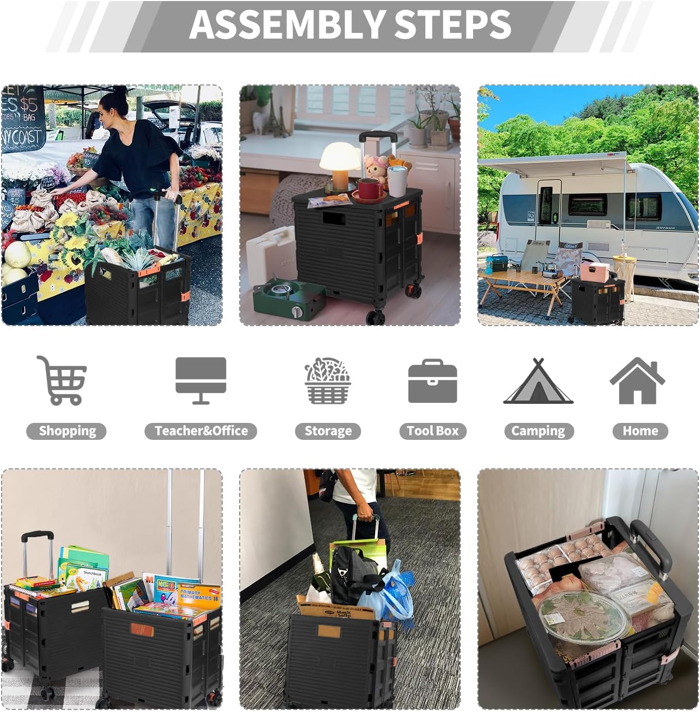 Carrito utilitario de caja rodante, cesta plegable para profesores, con tapa, resistente al desgaste, sin ruido, rueda giratoria de 360, mango