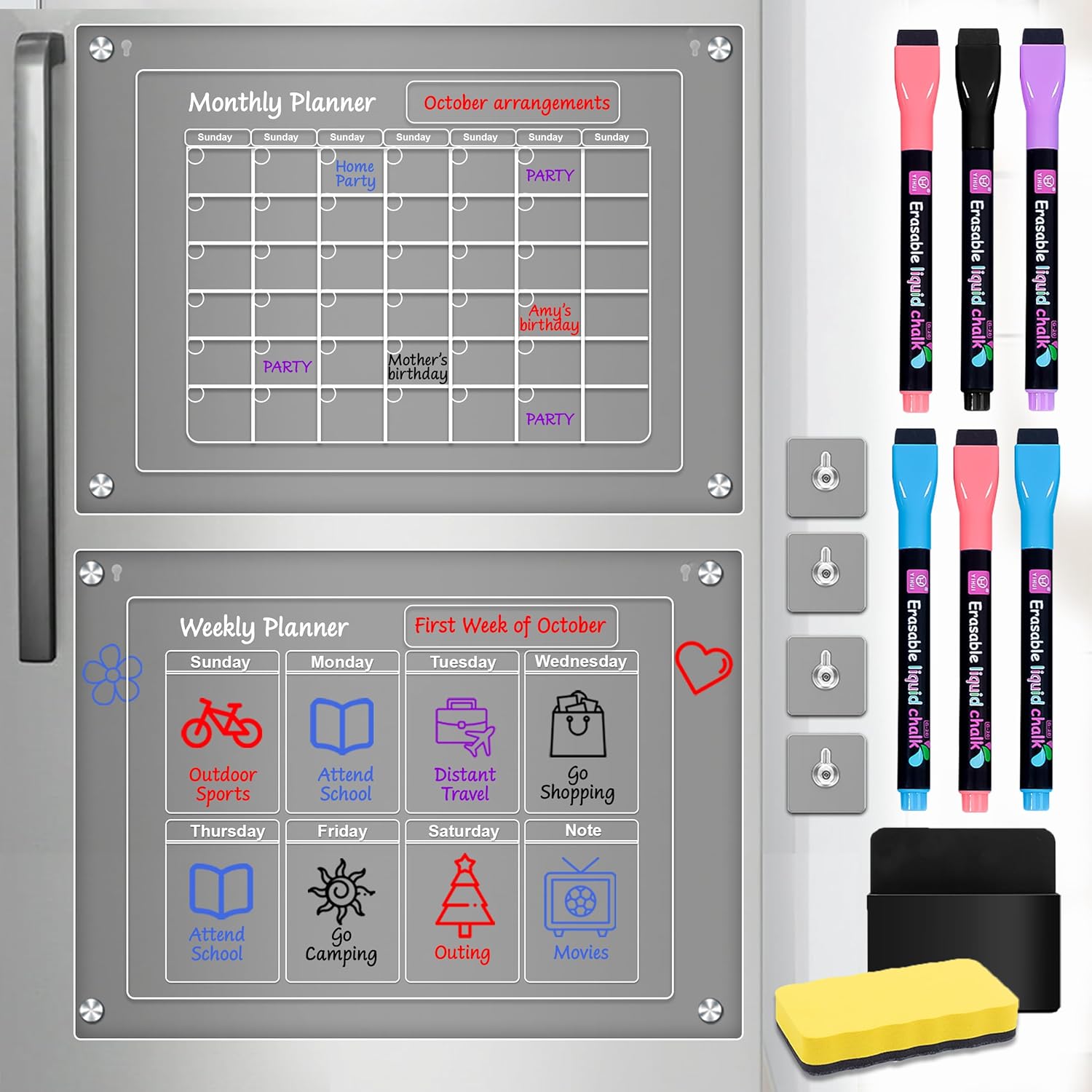 Paquete de 2 calendarios magnéticos para refrigerador, con impresión UV, calendario acrílico mensual y semanal de 16 x 12 pulgadas para refrigerador