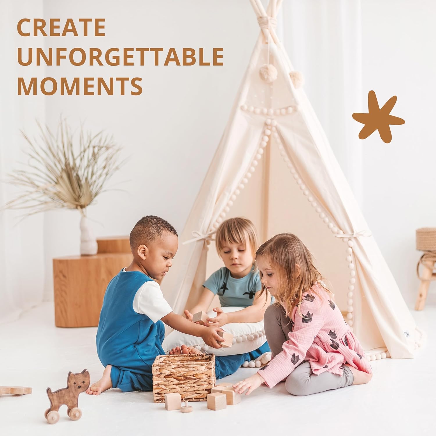 MINICAMP Tienda de campaña tipi original para niños, hecha a mano de lona natural y casa de juegos de madera para niños y niños, tienda de campaña