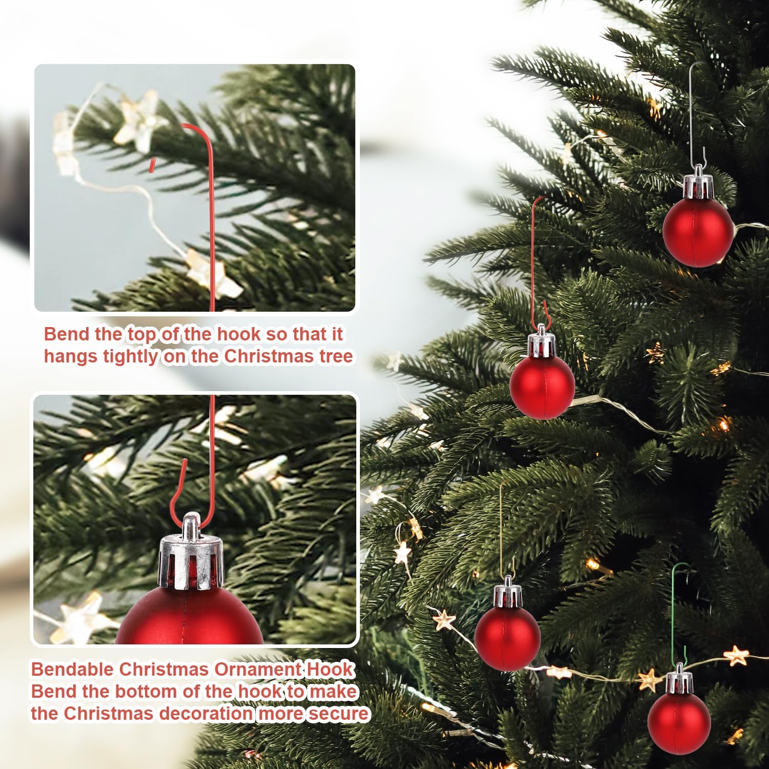 200 ganchos para adornos de Navidad, 2.4 x 0.5 pulgadas, ganchos para adornos de árbol de Navidad en forma de C con caja de almacenamiento, ganchos