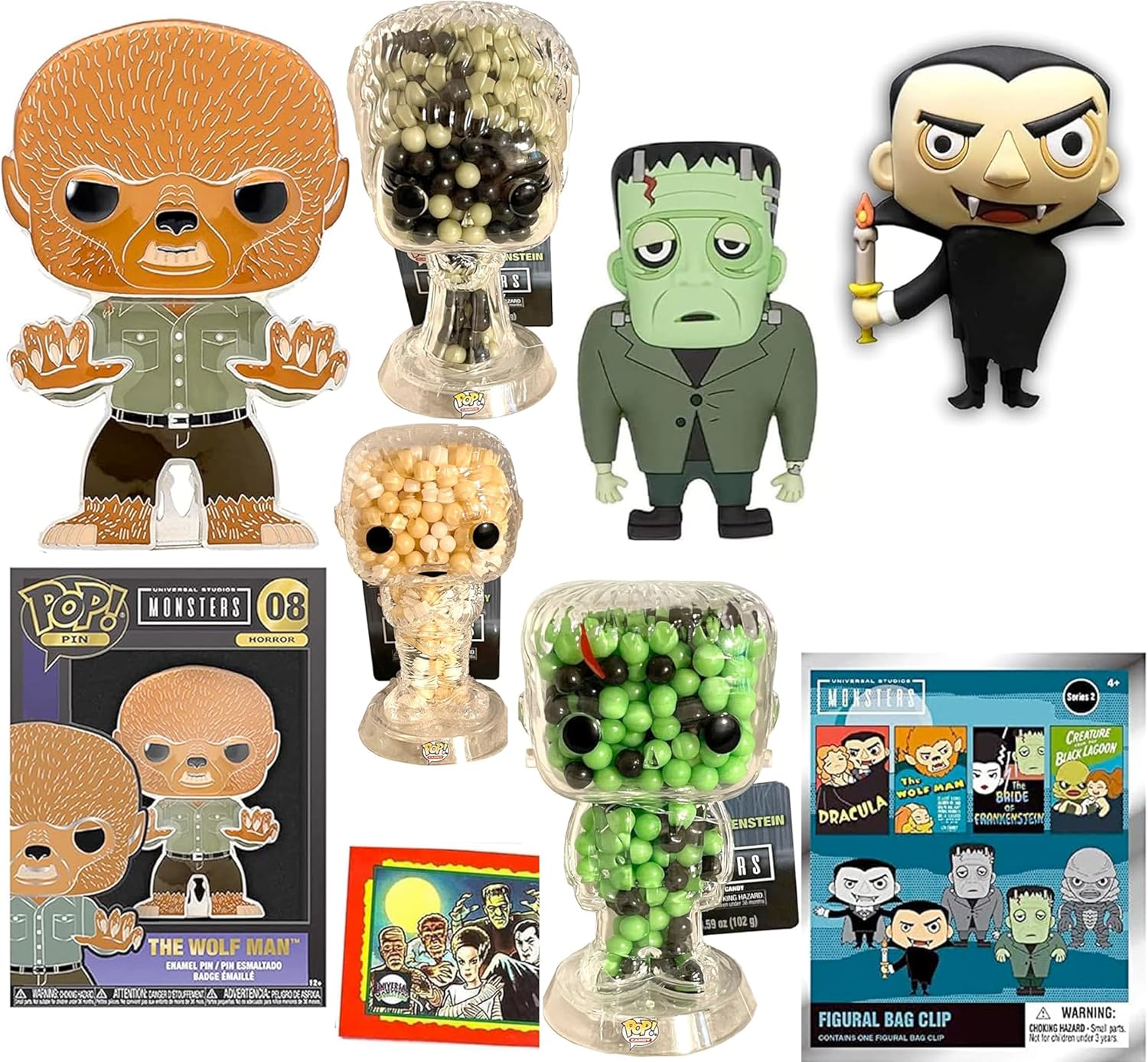 Paquete de monstruos terroristas, caja clásica universal de figuras de terror, paquete de personajes de palabras de Mash + tarjetas coleccionables