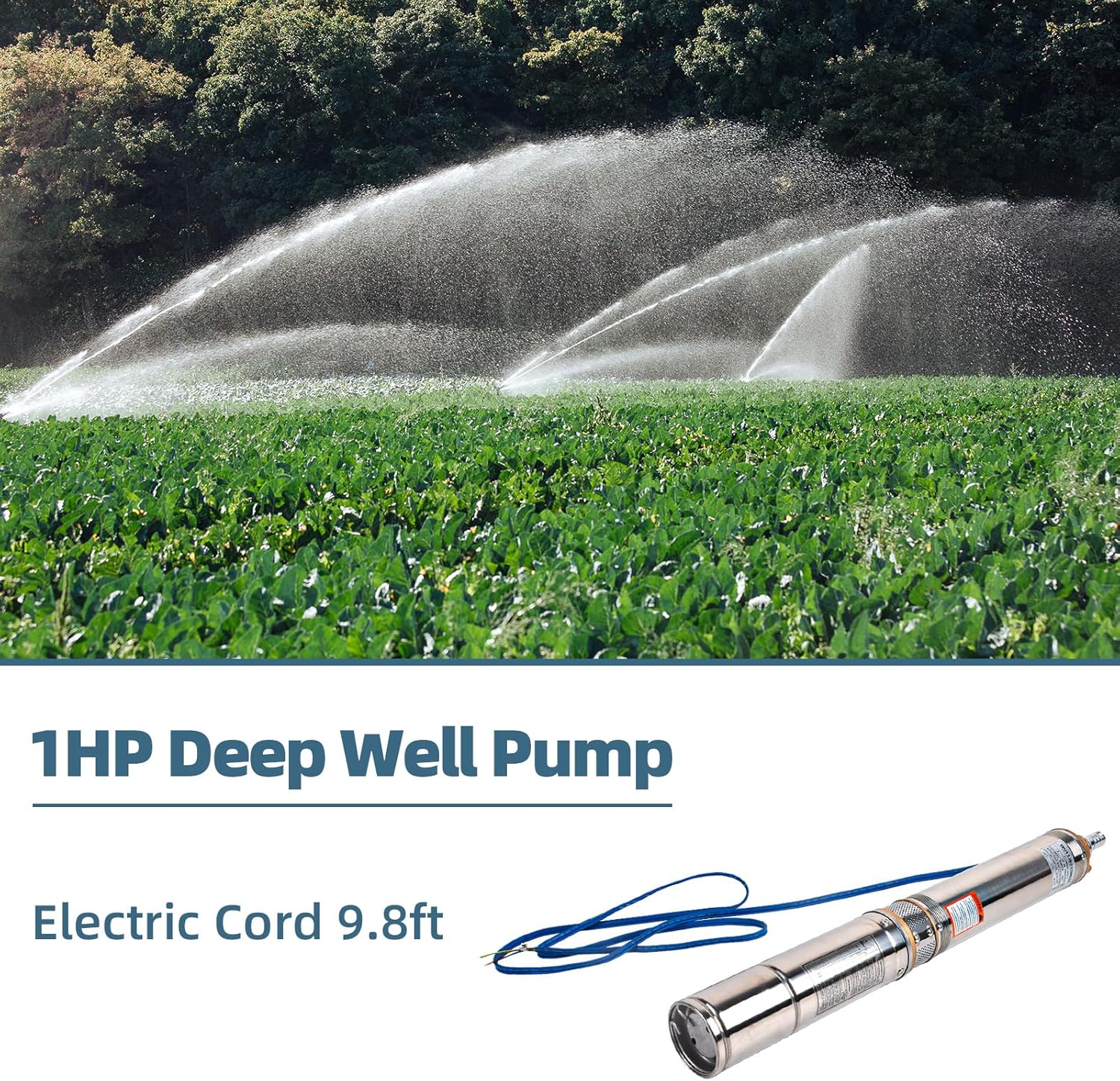 Bomba sumergible de pozo profundo 1HP, 220 V60 Hz, 33 GPM, cabeza de 207 pies, acero inoxidable con cable de 9.8 pies, bombas de agua de acero