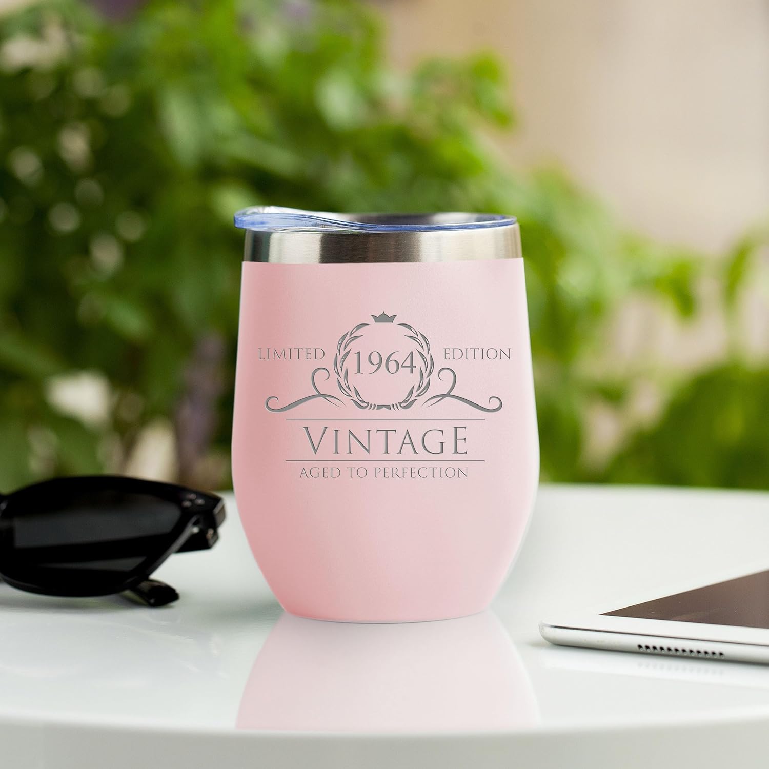 Regalos de cumpleaños número 60 para mujeres y hombres, vaso de vino sin tallo, 1964, 12 onzas, rubor, decoraciones de 60 cumpleaños para mujeres,