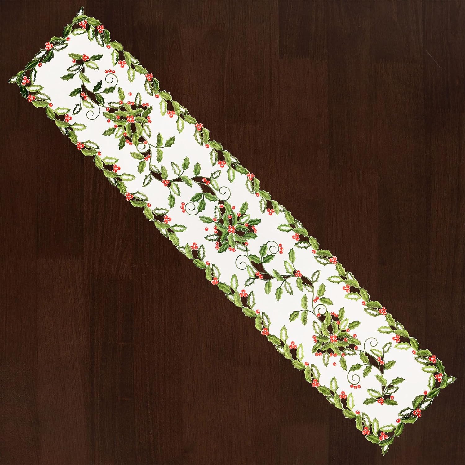 Camino de mesa bordado de hojas de acebo y bayas para vacaciones de Navidad (14 x 70 pulgadas)
